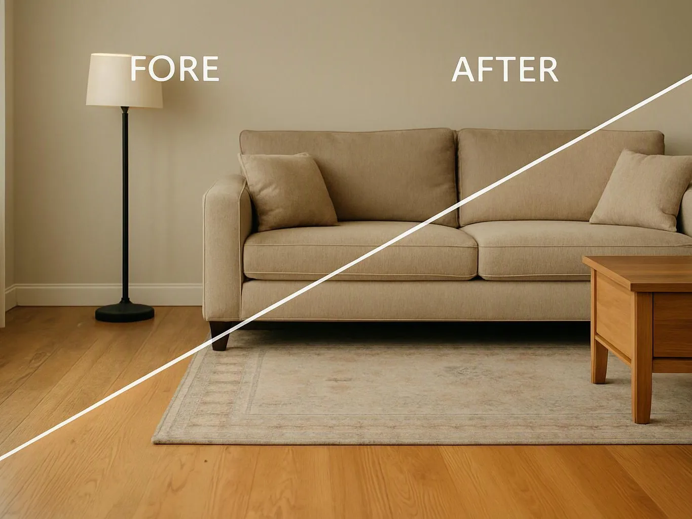 A split living room shows a bare floor on the left and a furnished sofa area on the right