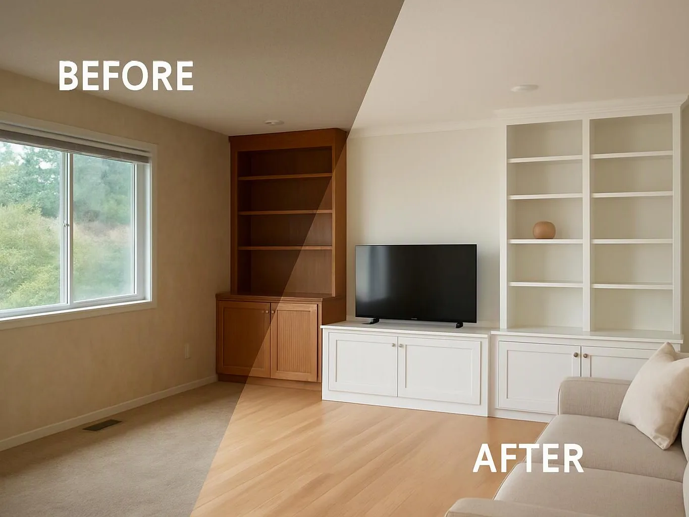 Split-room before and after view shows a living room with windows, built-in shelves, a TV, and a sofa