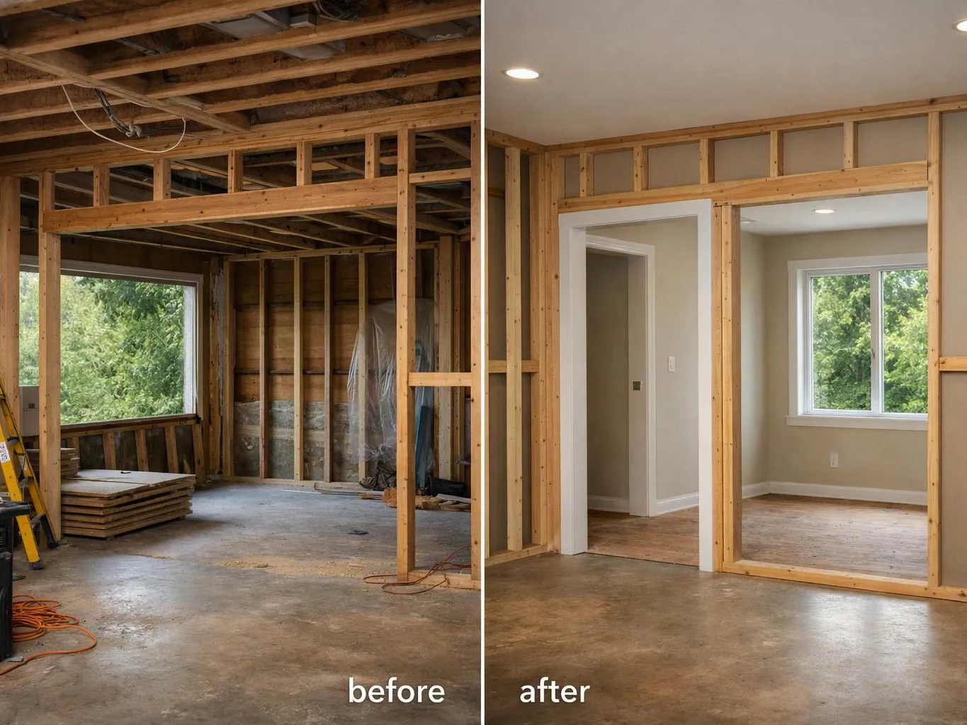 Split-screen renovation shows unfinished framing before and a finished room with doors and windows after