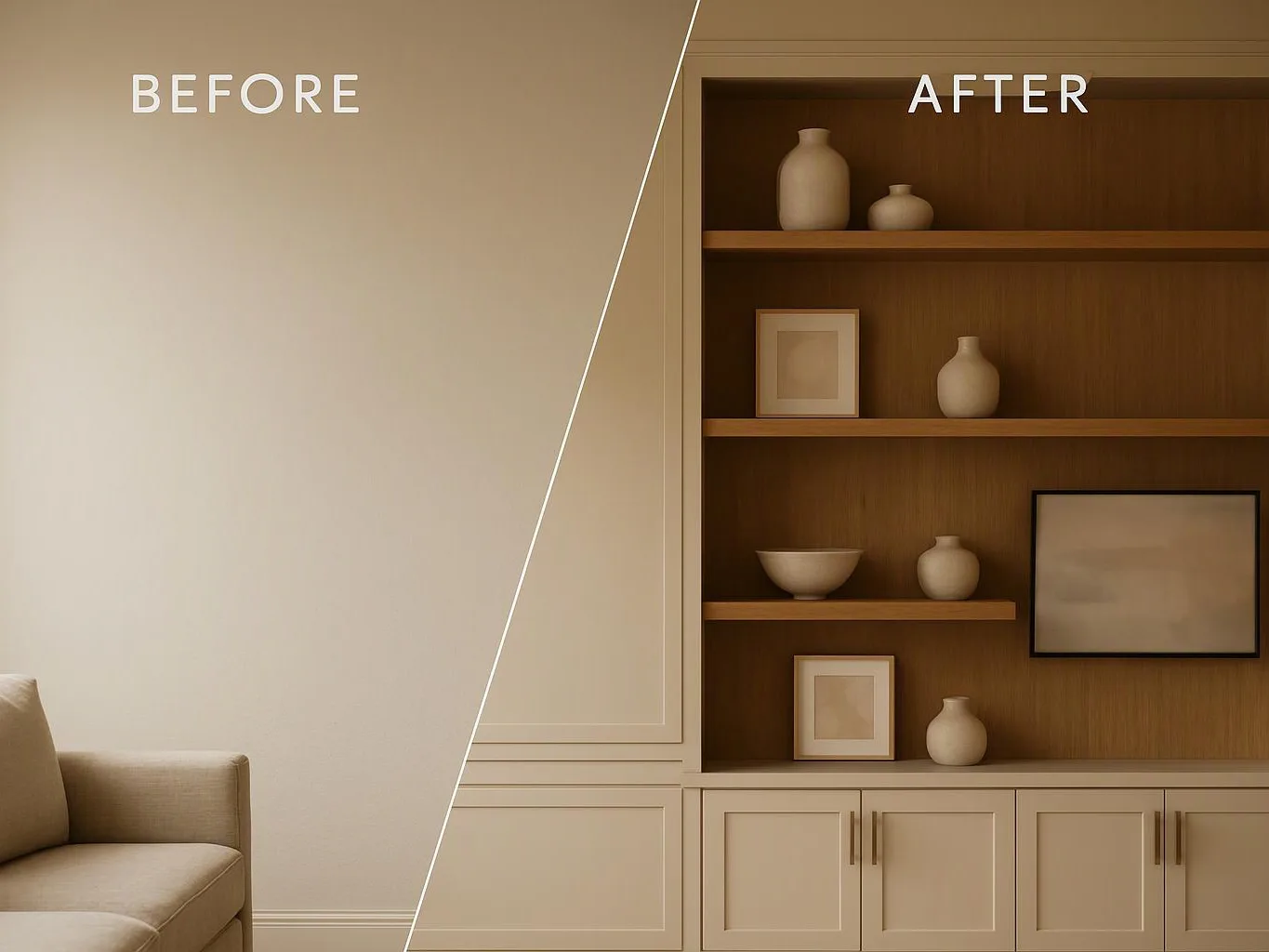 Split-screen room shows a plain beige wall and sofa on the left, and a styled shelf with vases on the right