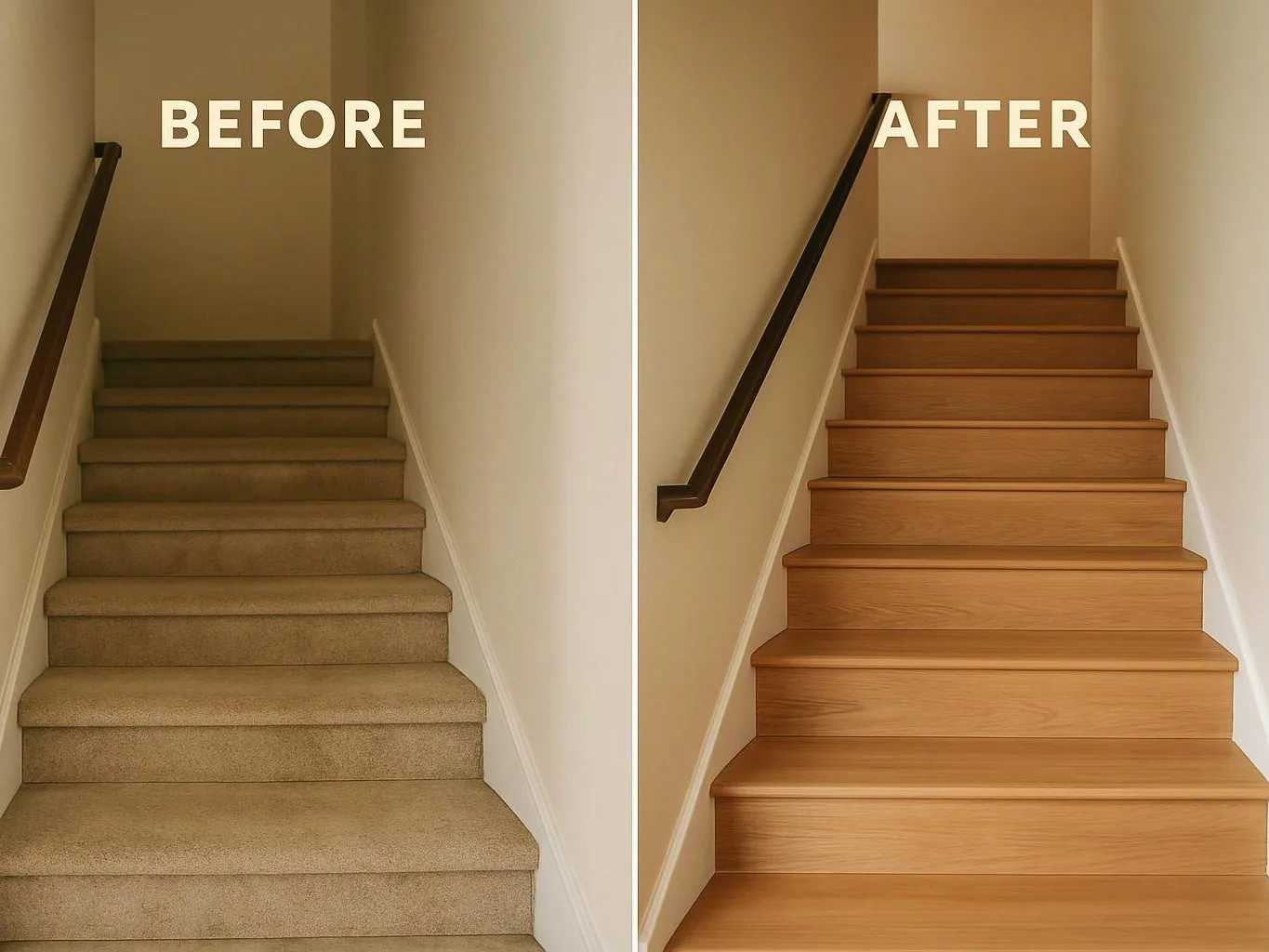 A split staircase shows carpeted steps labeled before and wood steps labeled after in a narrow hallway