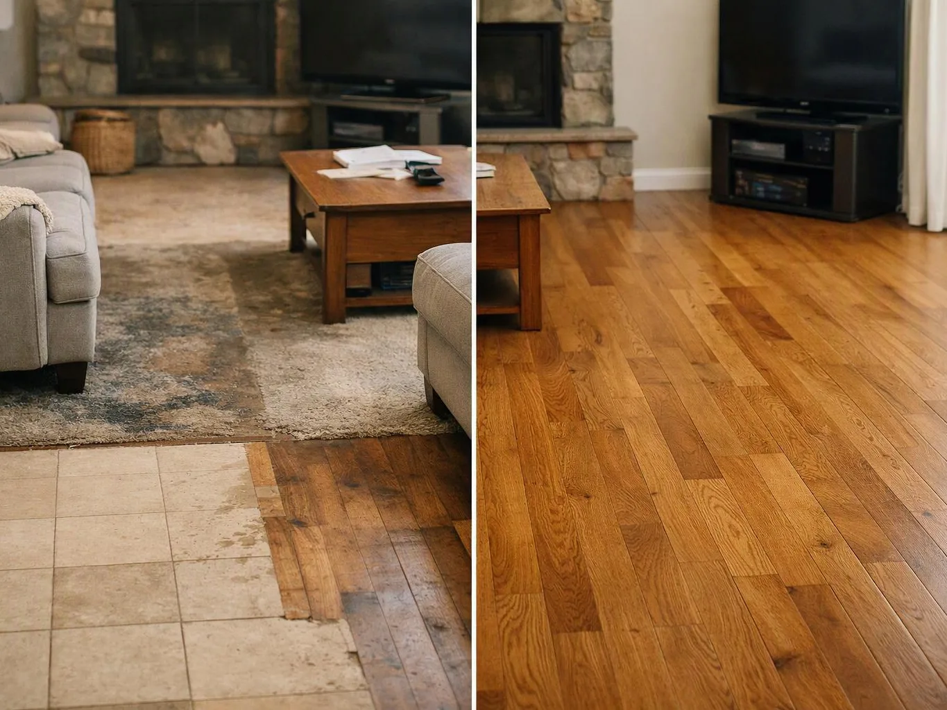 Split view of a living room floor, showing worn tile and dark wood beside a polished hardwood surface