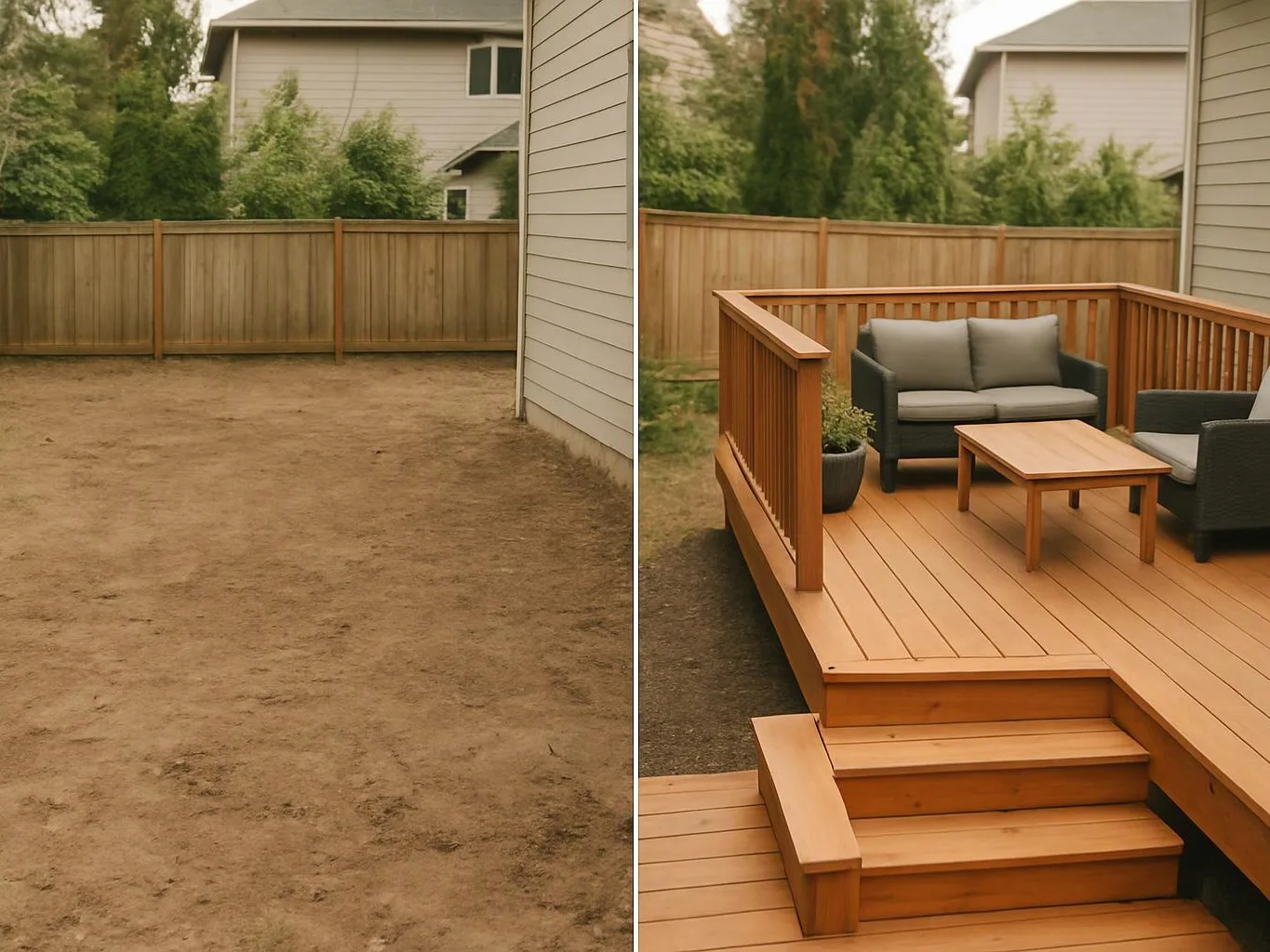 A split view shows a bare dirt backyard beside a finished wooden deck with outdoor seating and a small table
