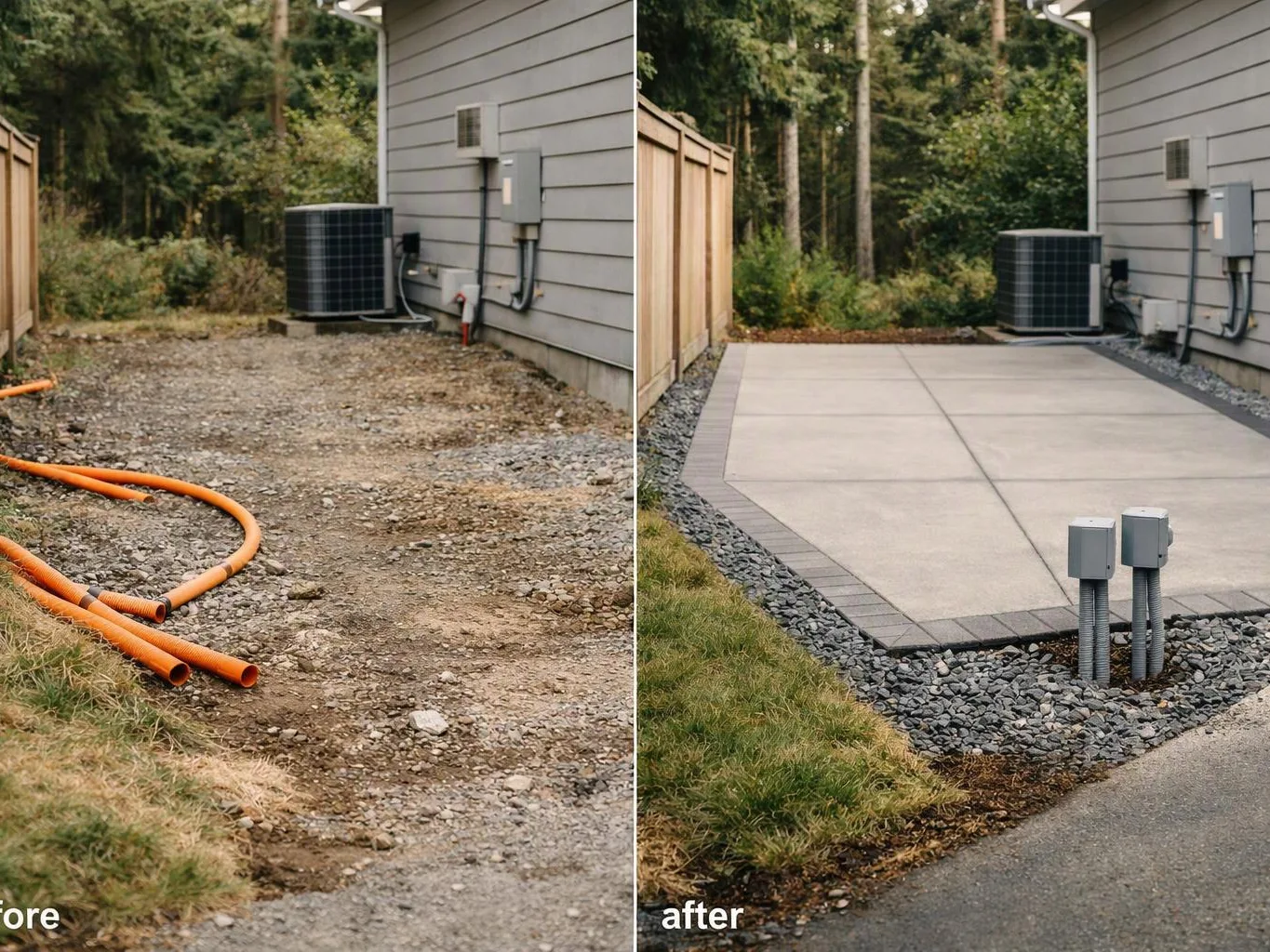 Split view shows a gravel side yard with orange pipes before, and a finished concrete patio with utility boxes after