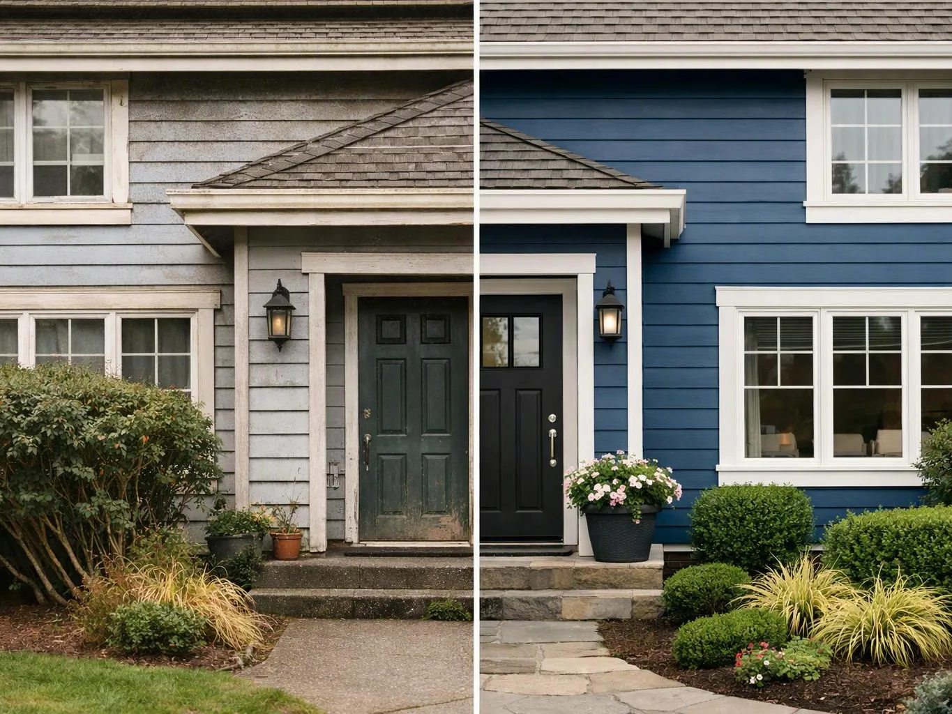A split view shows a house exterior before and after painting, with a weathered gray entry beside a fresh blue one
