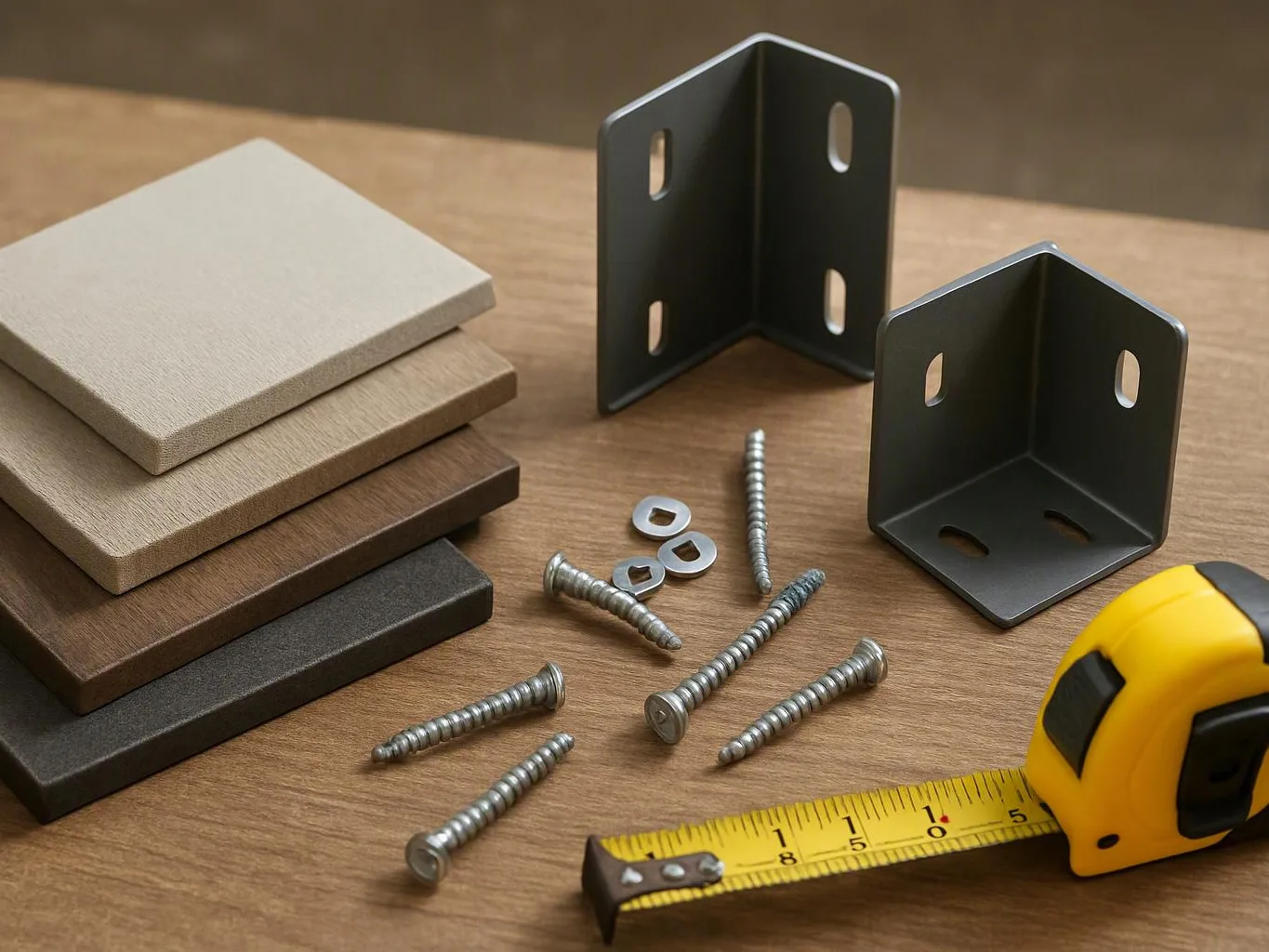 Stacked wood samples, metal corner brackets, screws, and a yellow tape measure rest on a wooden table
