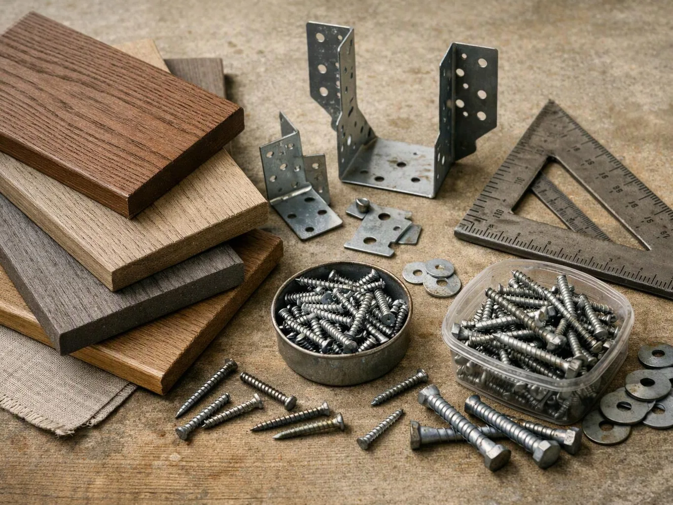 Stacks of wood boards, metal brackets, screws, washers, and a square ruler sit on a workbench