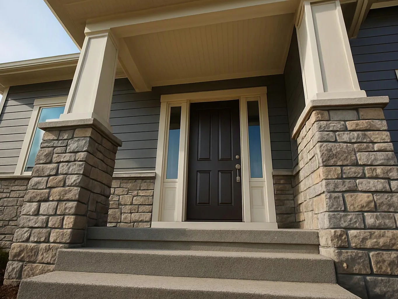 Stone porch steps lead to a black front door framed by white columns and gray siding