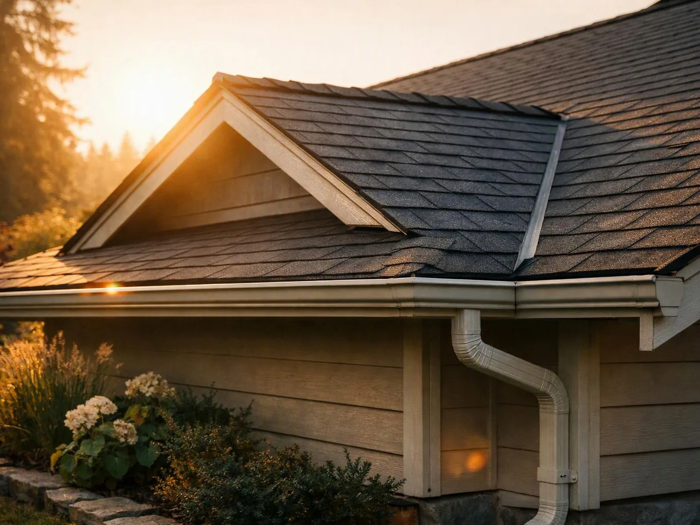 Sunlight hits a house roof with dark shingles, a gutter downspout, and shrubs beside the siding