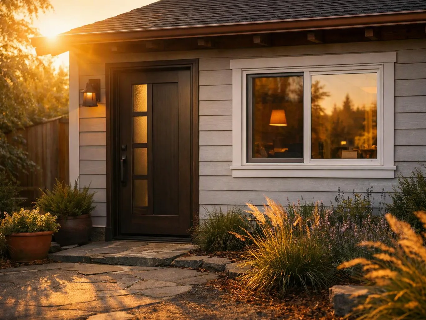 Sunlight warms a small house exterior with a dark front door, window, and garden plants