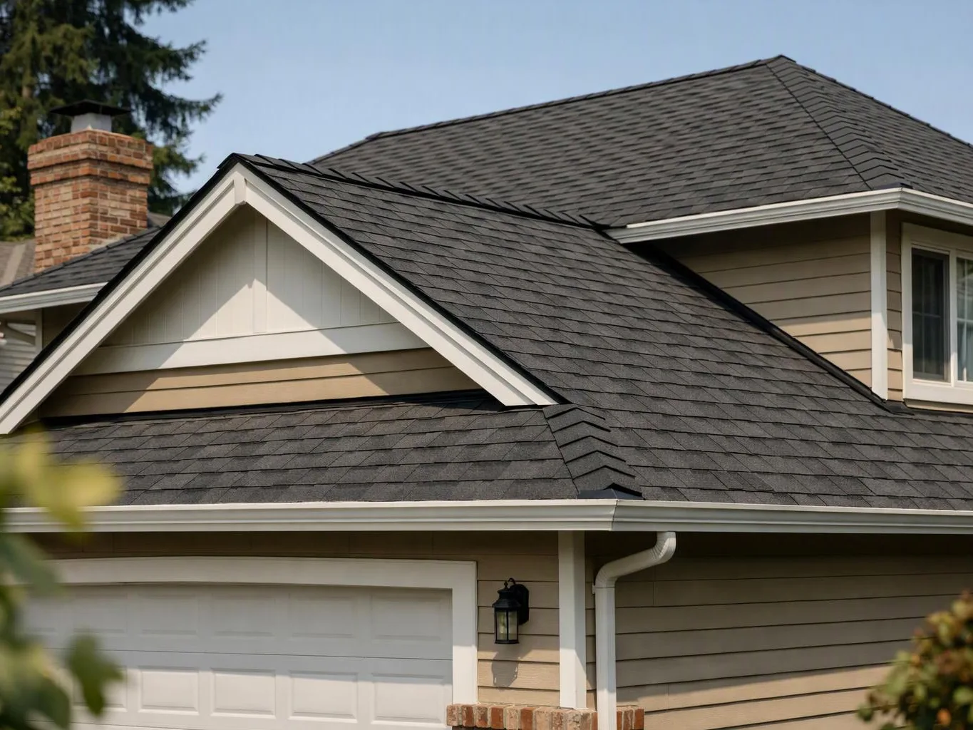 A tan house with a dark shingled roof, white garage door, and brick chimney sits under a clear sky