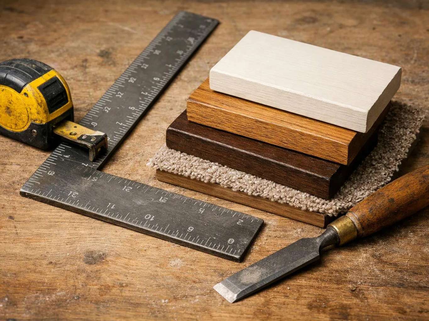Tape measure, metal square, chisel, and stacked wood samples sit on a worn workbench