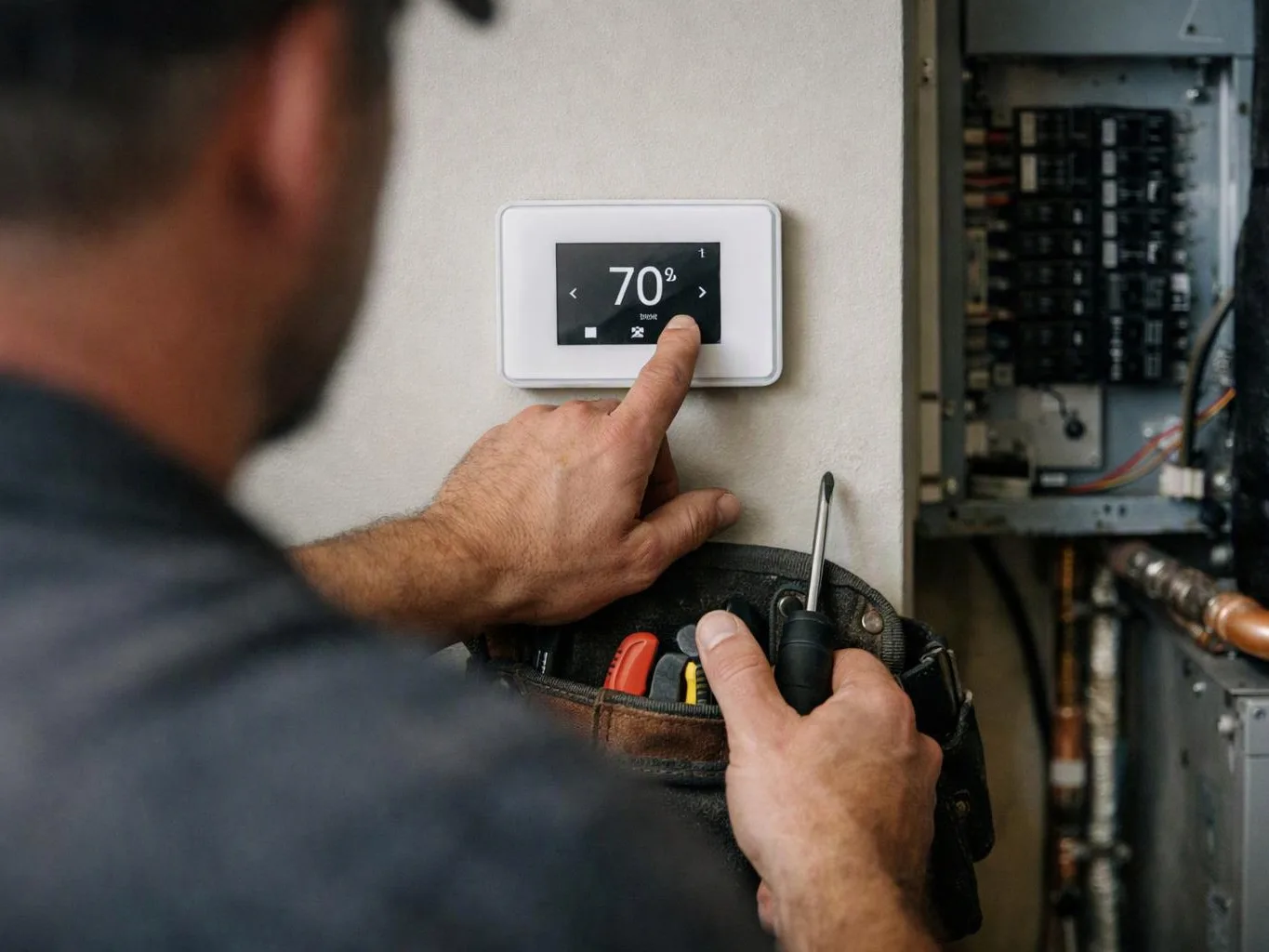 A technician adjusts a wall thermostat while holding tools beside an open electrical panel