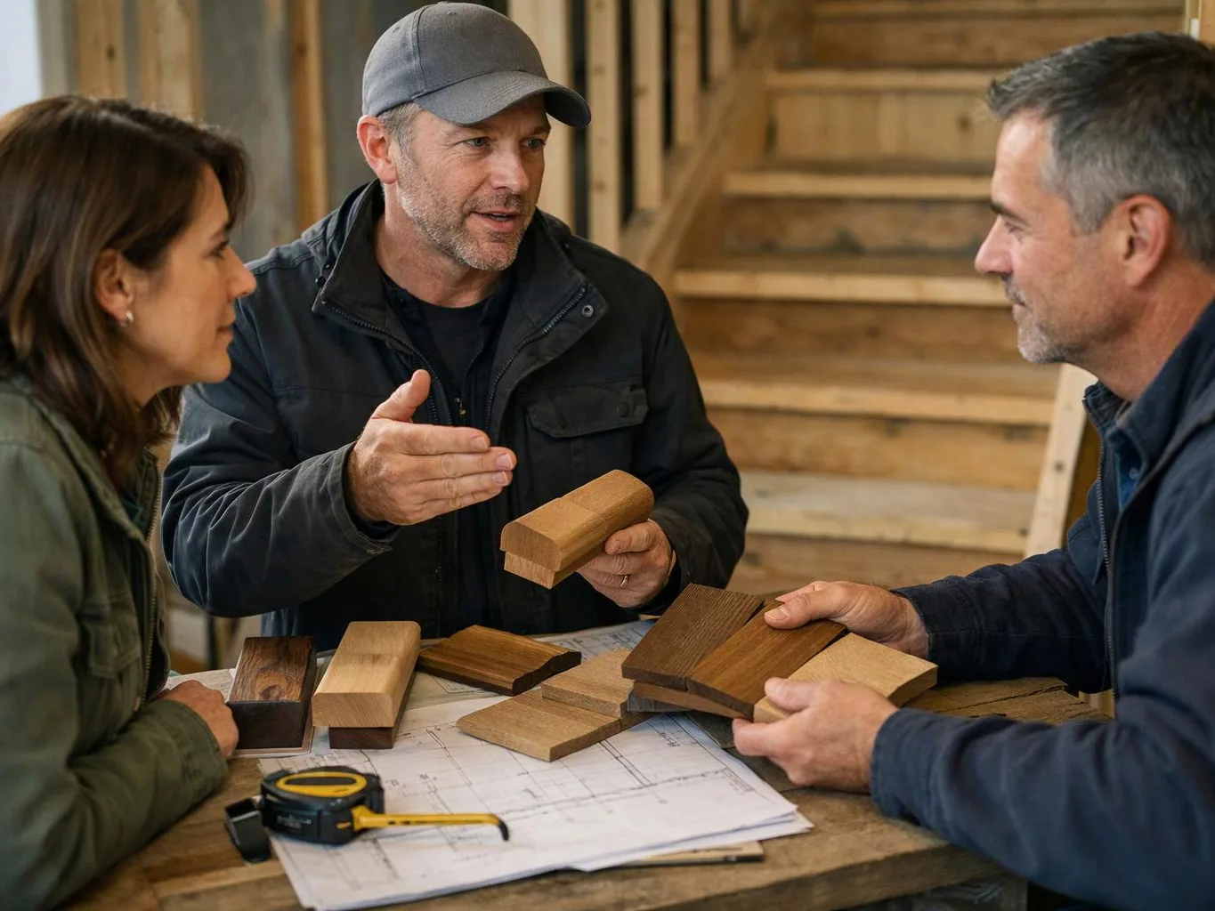 Three adults discuss wood samples over floor plans in a workshop with unfinished stairs in the background