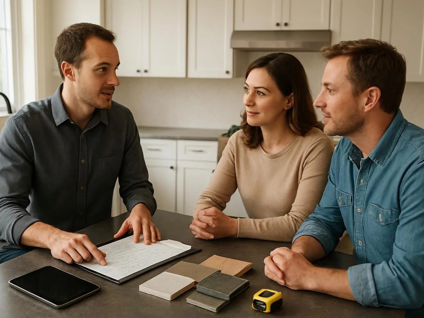 Three adults sit at a kitchen table, talking over papers, sample tiles, a tablet, and a tape measure