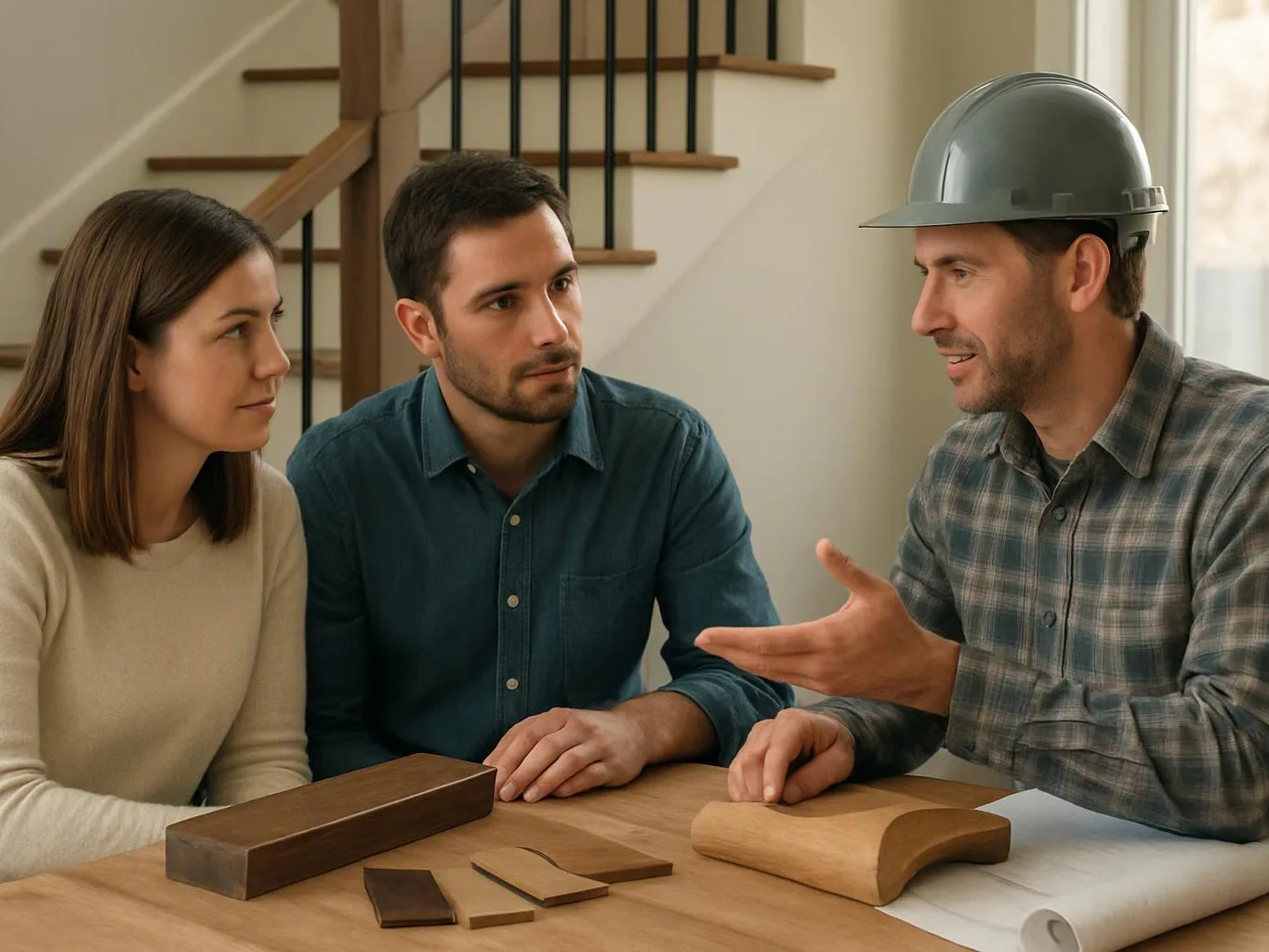 Three people discuss wood samples at a table while one man wears a hard hat indoors