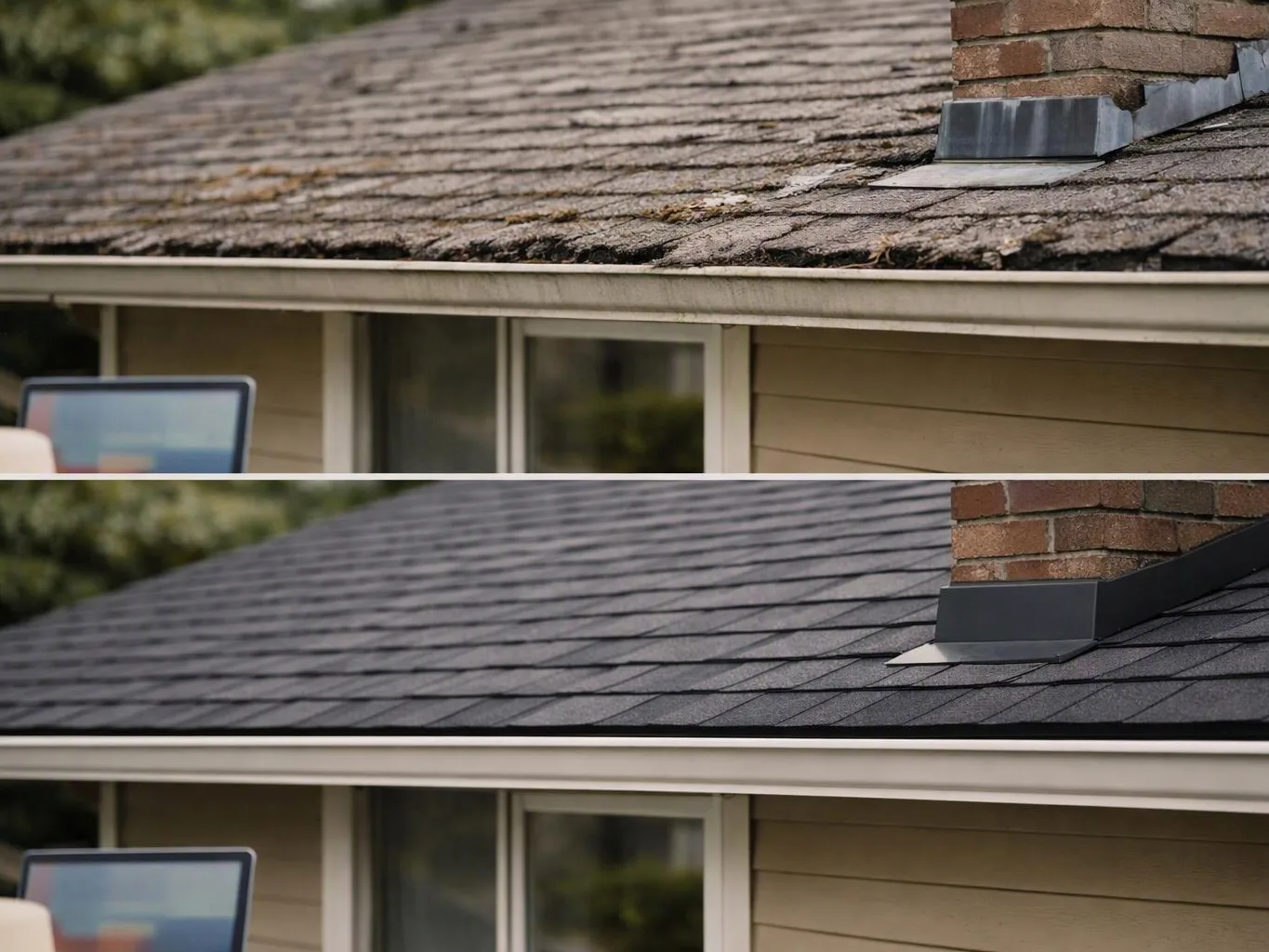 Three roof views show worn shingles above a house, then a new dark roof around a brick chimney