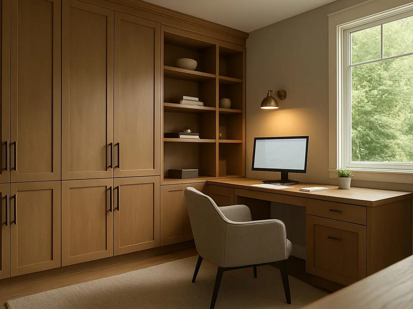 A tidy home office with wooden cabinets, a desk, a chair, a computer monitor, and a sunlit window