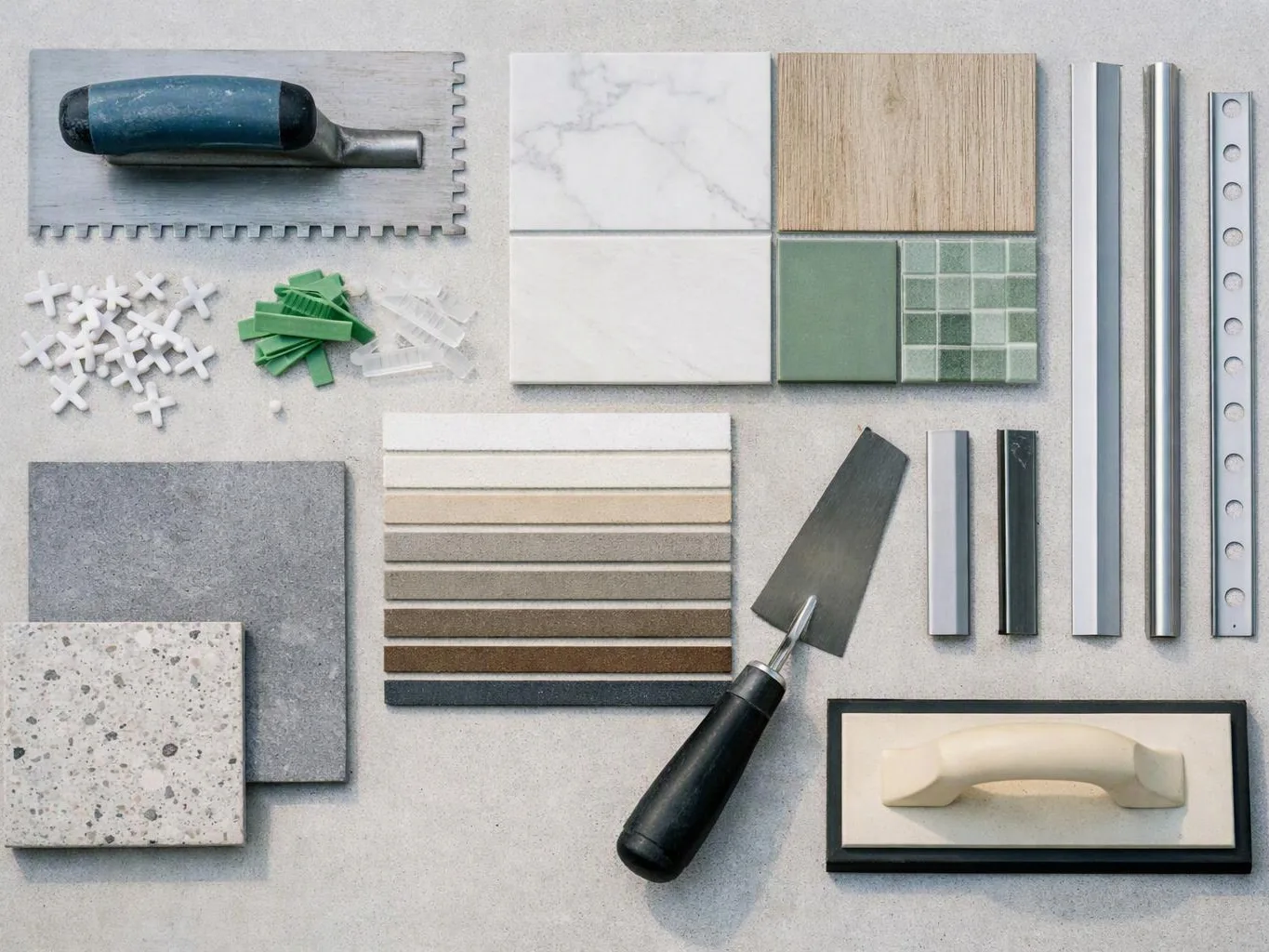 Tile and material samples with two trowels, spacers, metal trims, and a cabinet handle on a gray surface