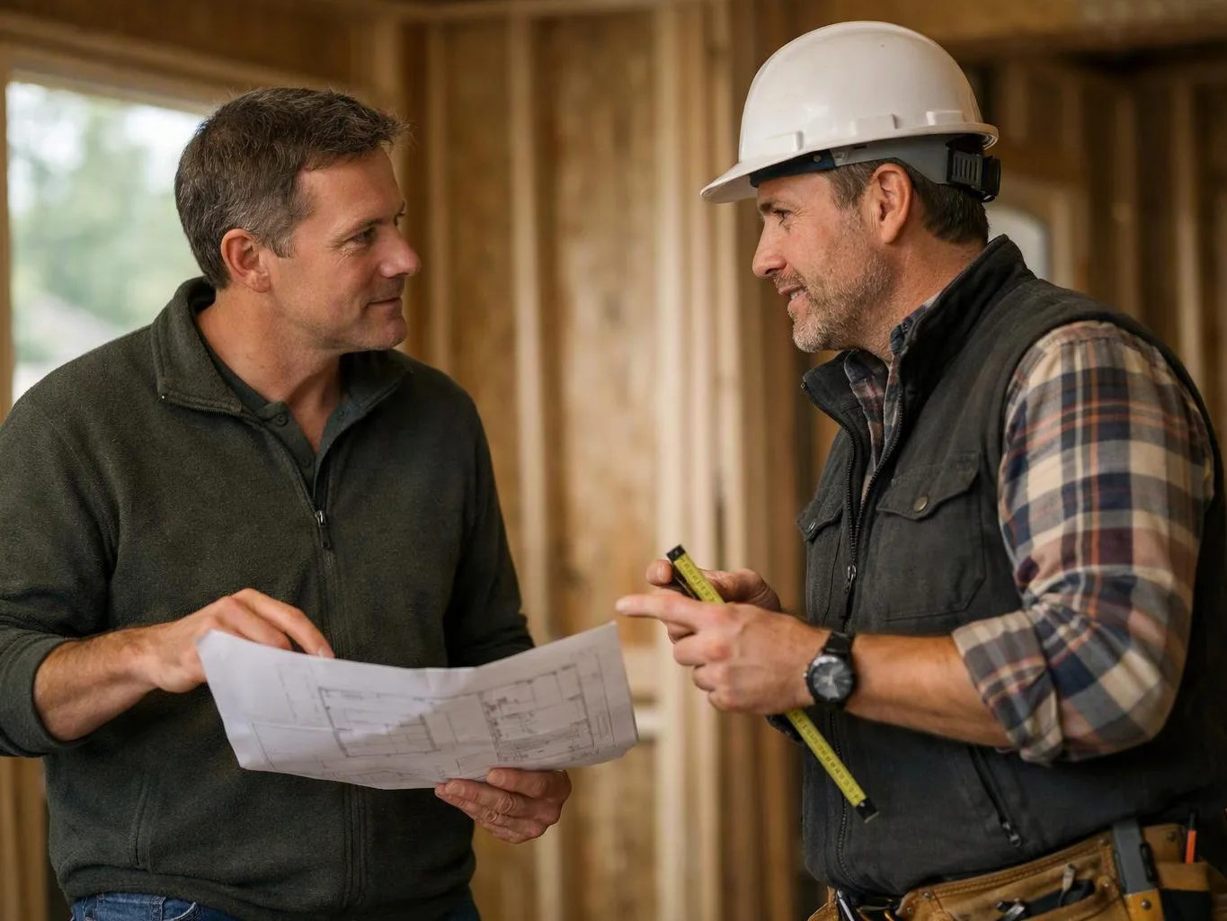 Two men discuss blueprints inside a wood-framed building, one wearing a hard hat and holding a tape measure