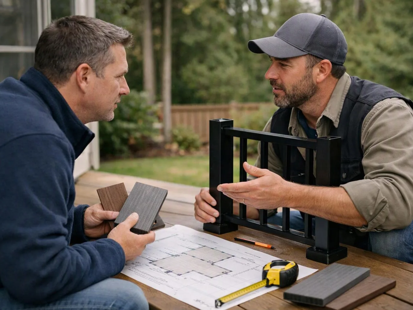 Two men discuss deck materials and plans at an outdoor table, holding samples and a black railing frame