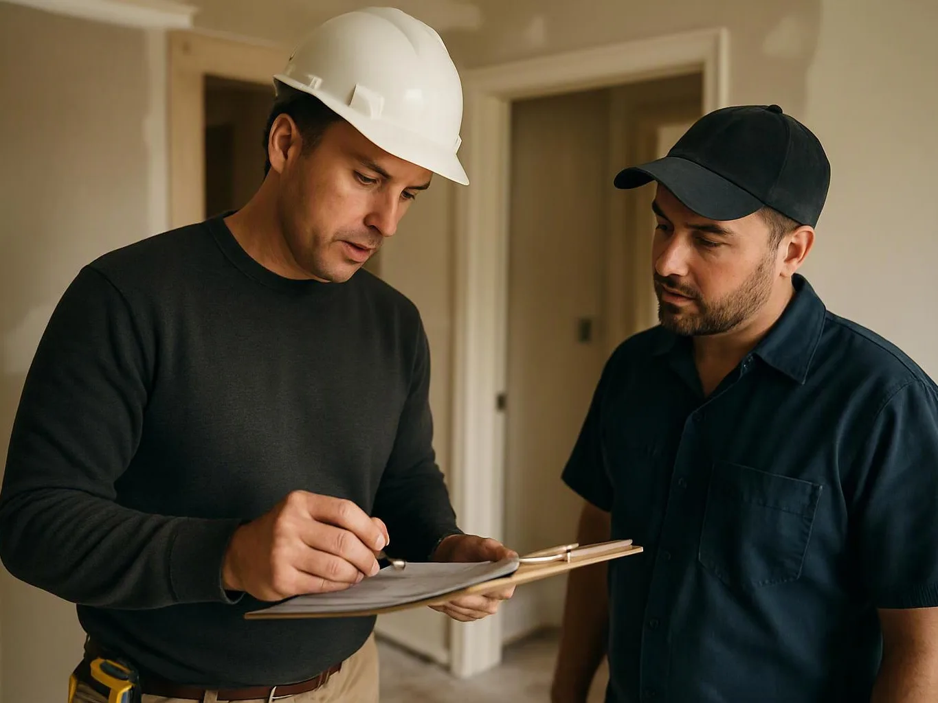 Two men in hard hats review a clipboard inside an unfinished room