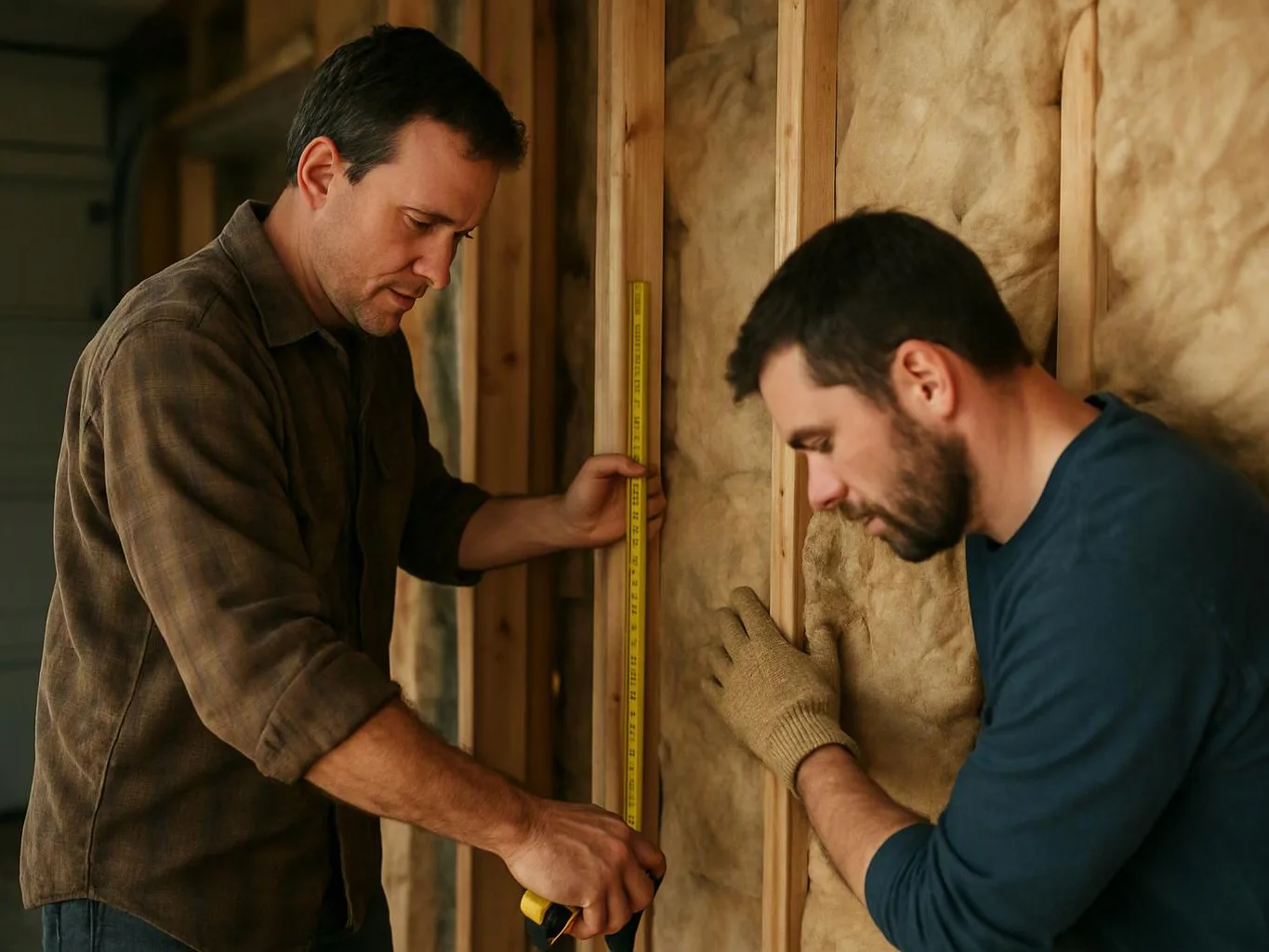Two men measure and install insulation between wooden wall studs at a construction site