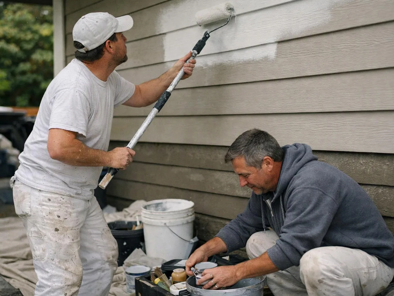 Two men paint house siding, one rolling white paint high on the wall while the other crouches mixing supplies