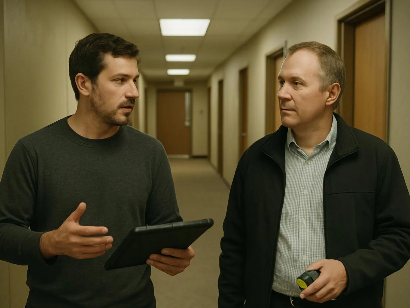 Two men stand in a beige office hallway, one holding a tablet while the other holds a small flashlight and listens
