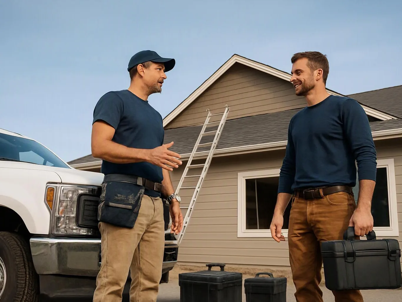 Two men stand by a house and truck, talking beside a ladder and carrying tool cases