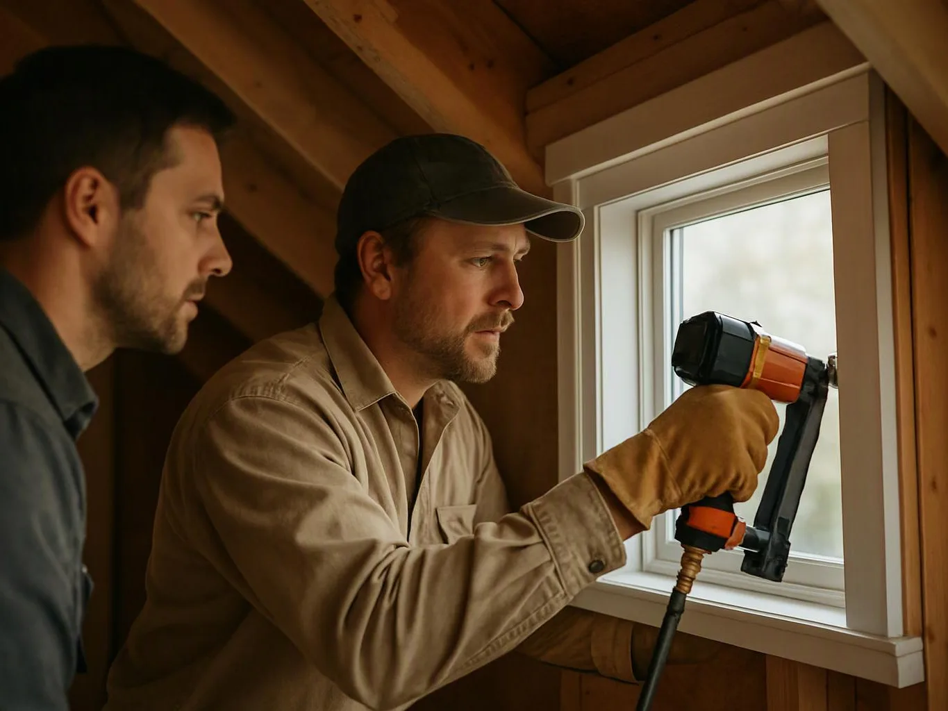Two men work inside a wooden room, one using a nail gun beside a window while the other watches