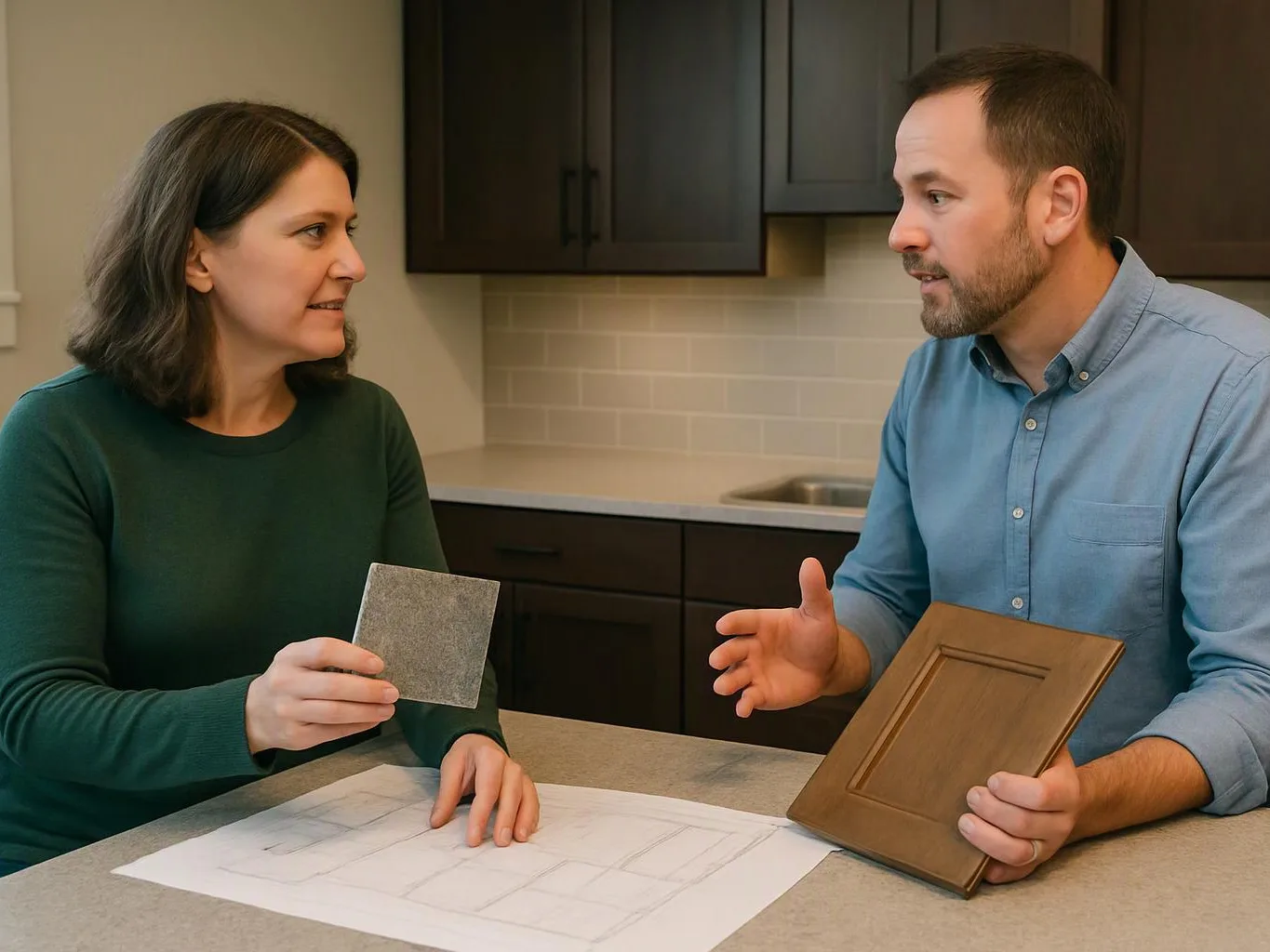 Two people compare cabinet samples and kitchen plans at a counter in a modern kitchen