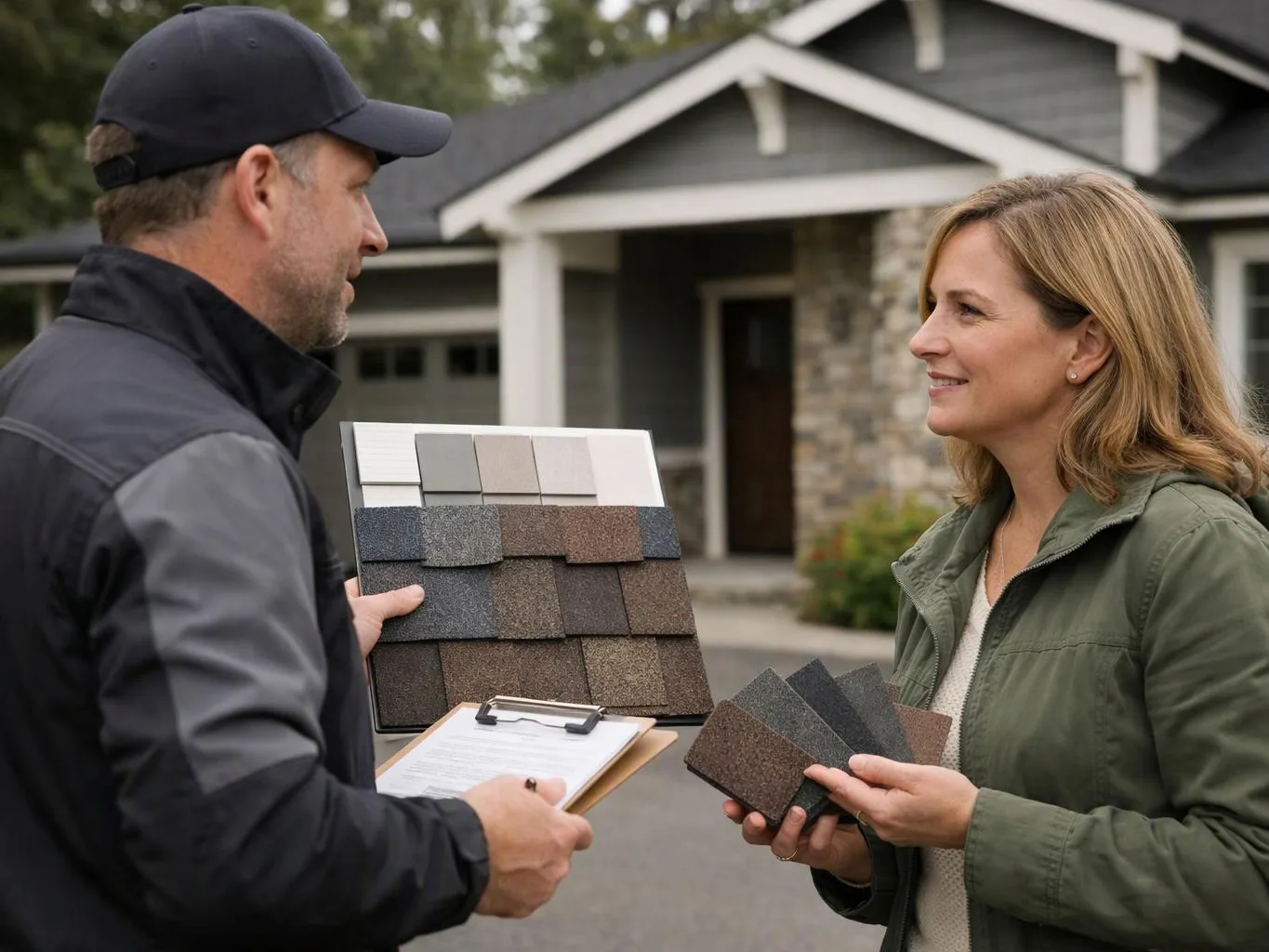 Two people compare roof shingle samples and a clipboard outside a house