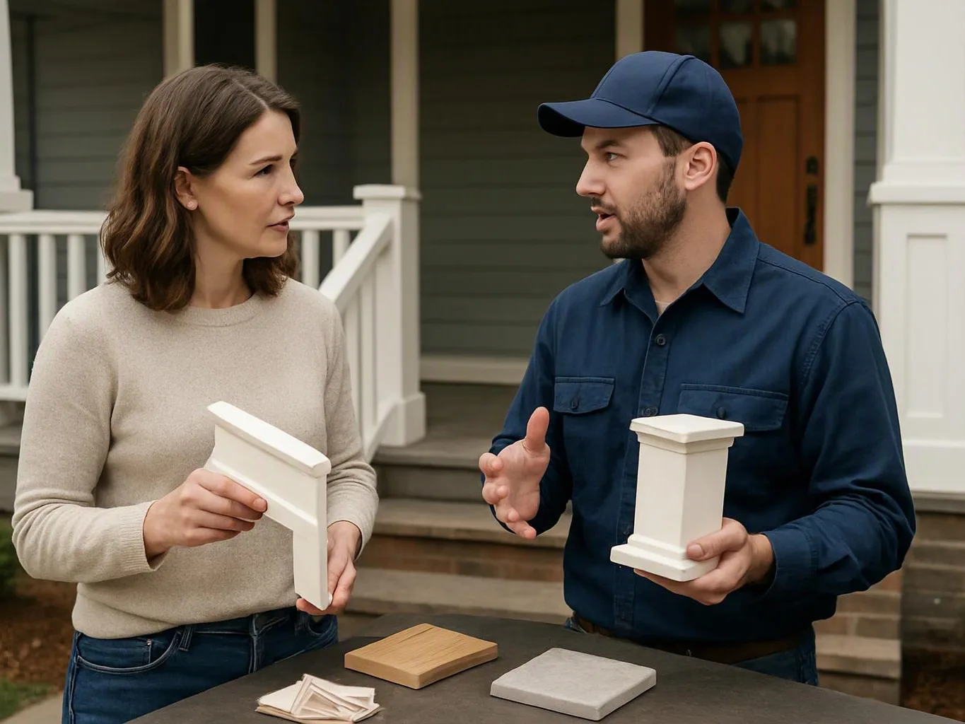Two people stand on a porch, discussing white trim samples and holding molding pieces over a table