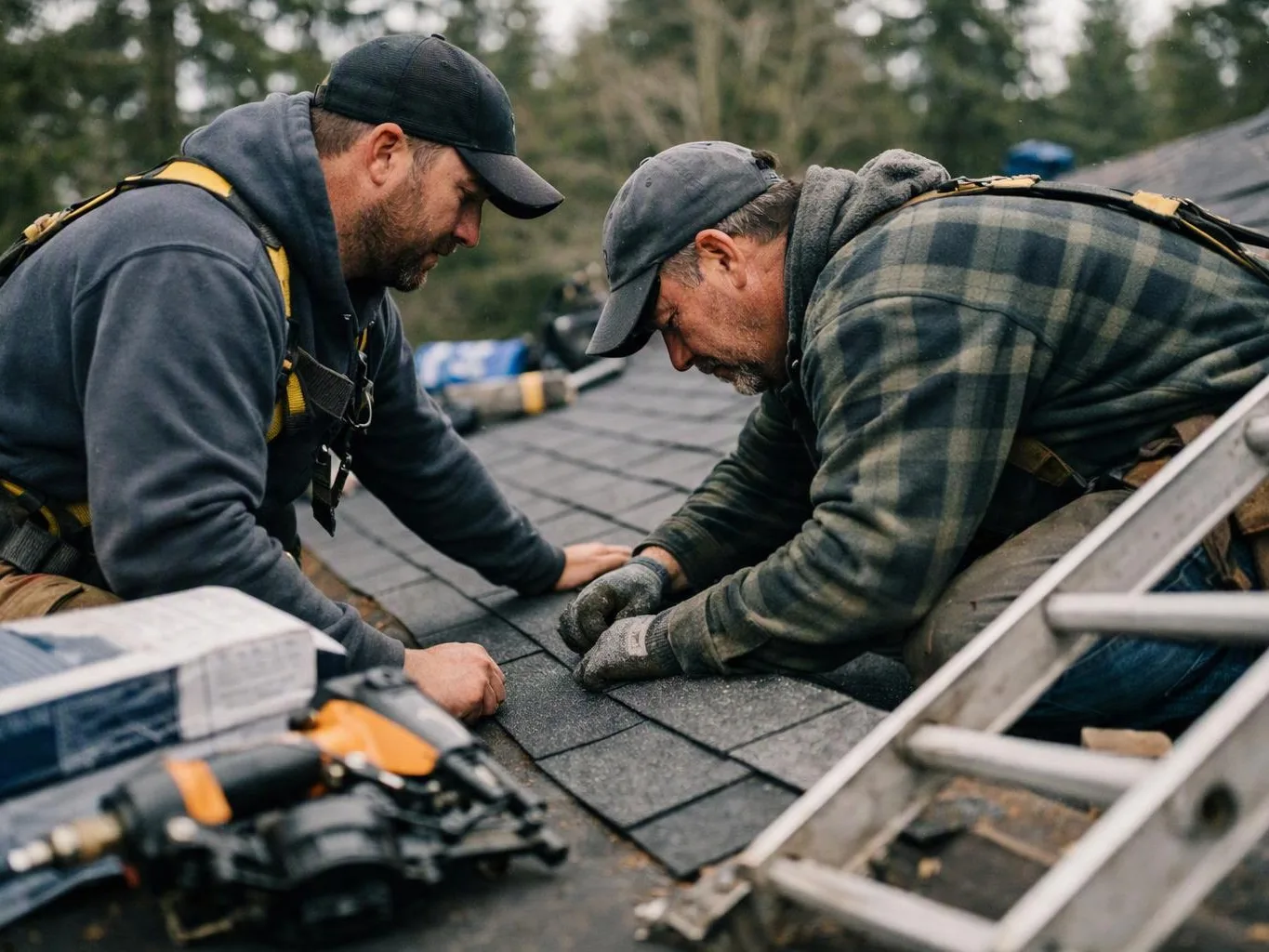 Two roofers kneel on a shingled roof, working with tools beside a ladder and trees in the background
