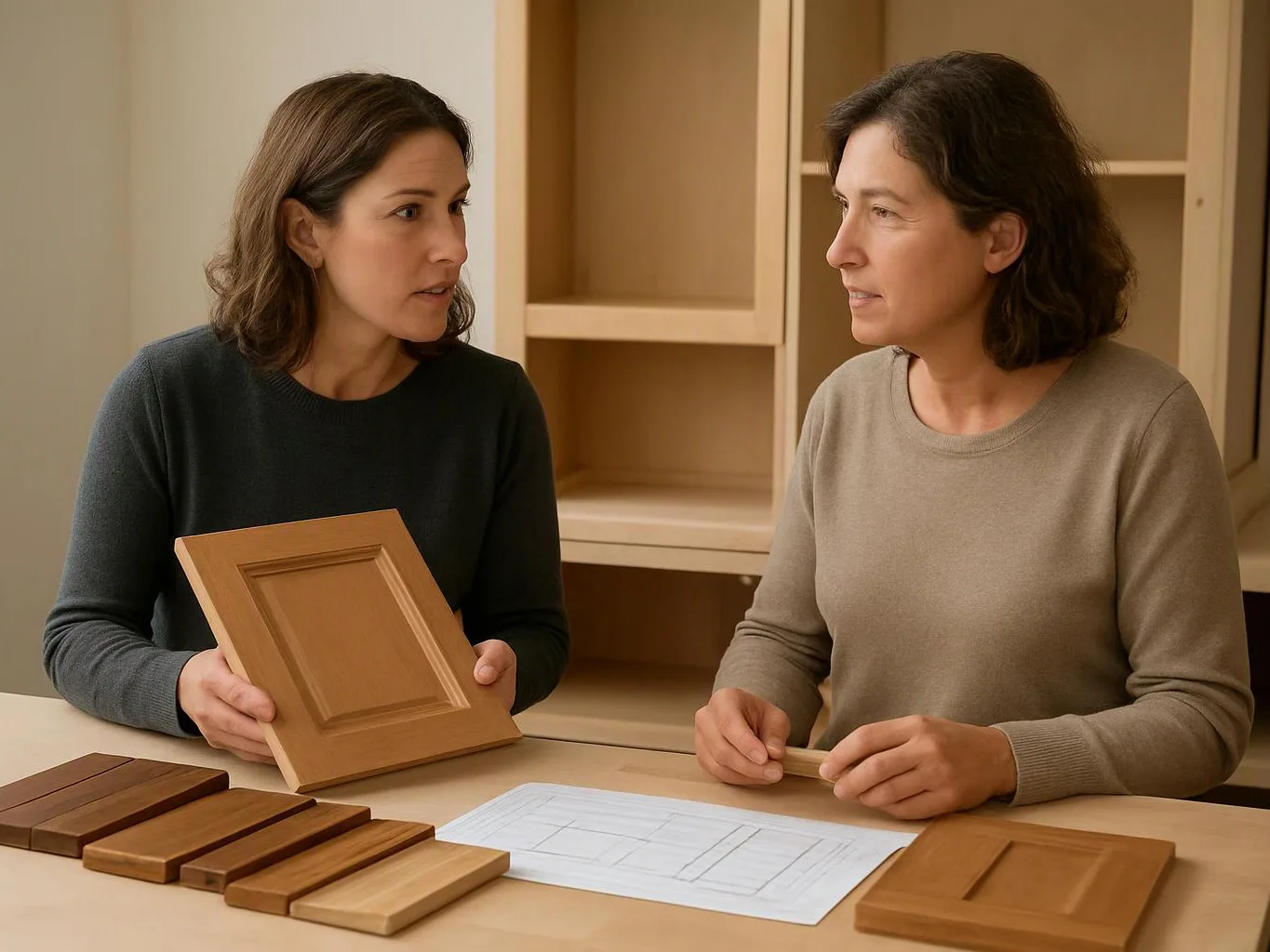 Two women compare cabinet door samples and a floor plan at a worktable in a wood shop