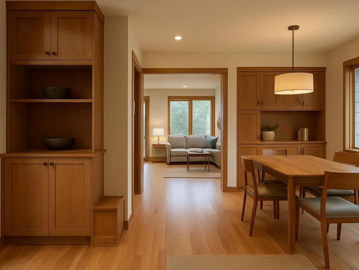 A warm wood dining room opens to a living area with a sofa, table lamp, and large windows