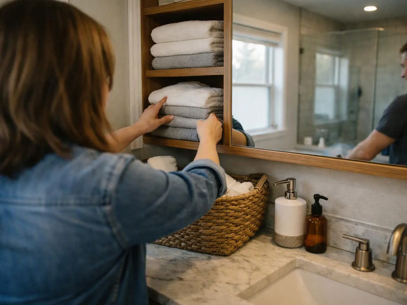 A woman folds towels into a bathroom cabinet beside a sink, mirror, soap dispensers, and a woven basket