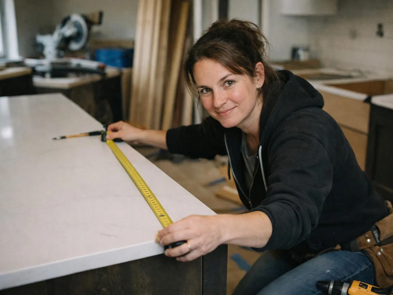 A woman measures a white countertop with a yellow tape measure in a workshop
