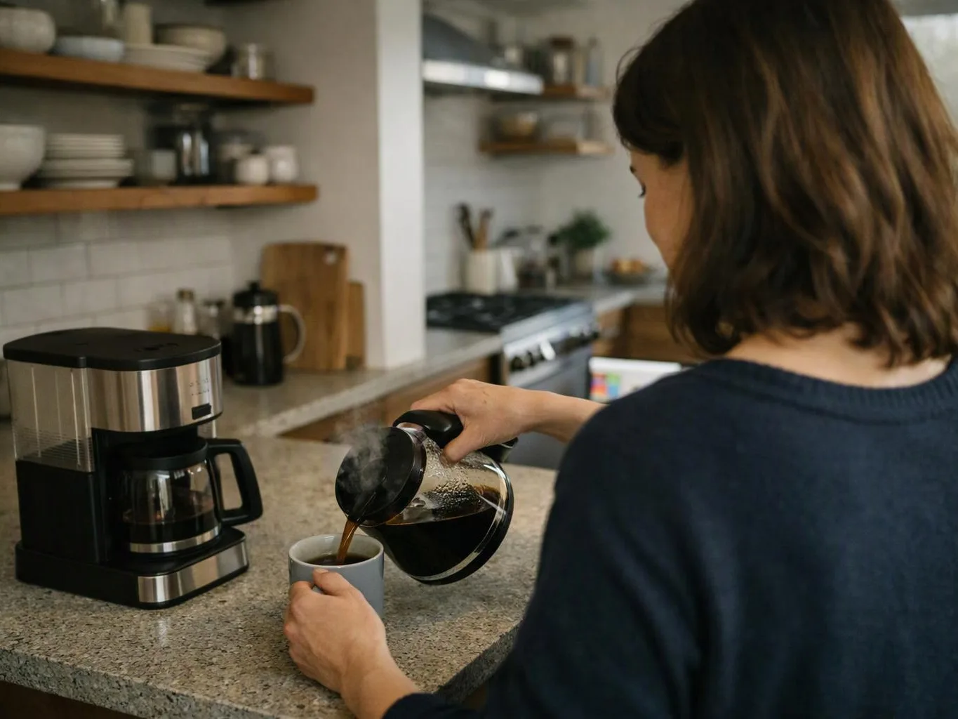 A woman pours coffee from a glass carafe into a mug beside a countertop coffee maker in a kitchen