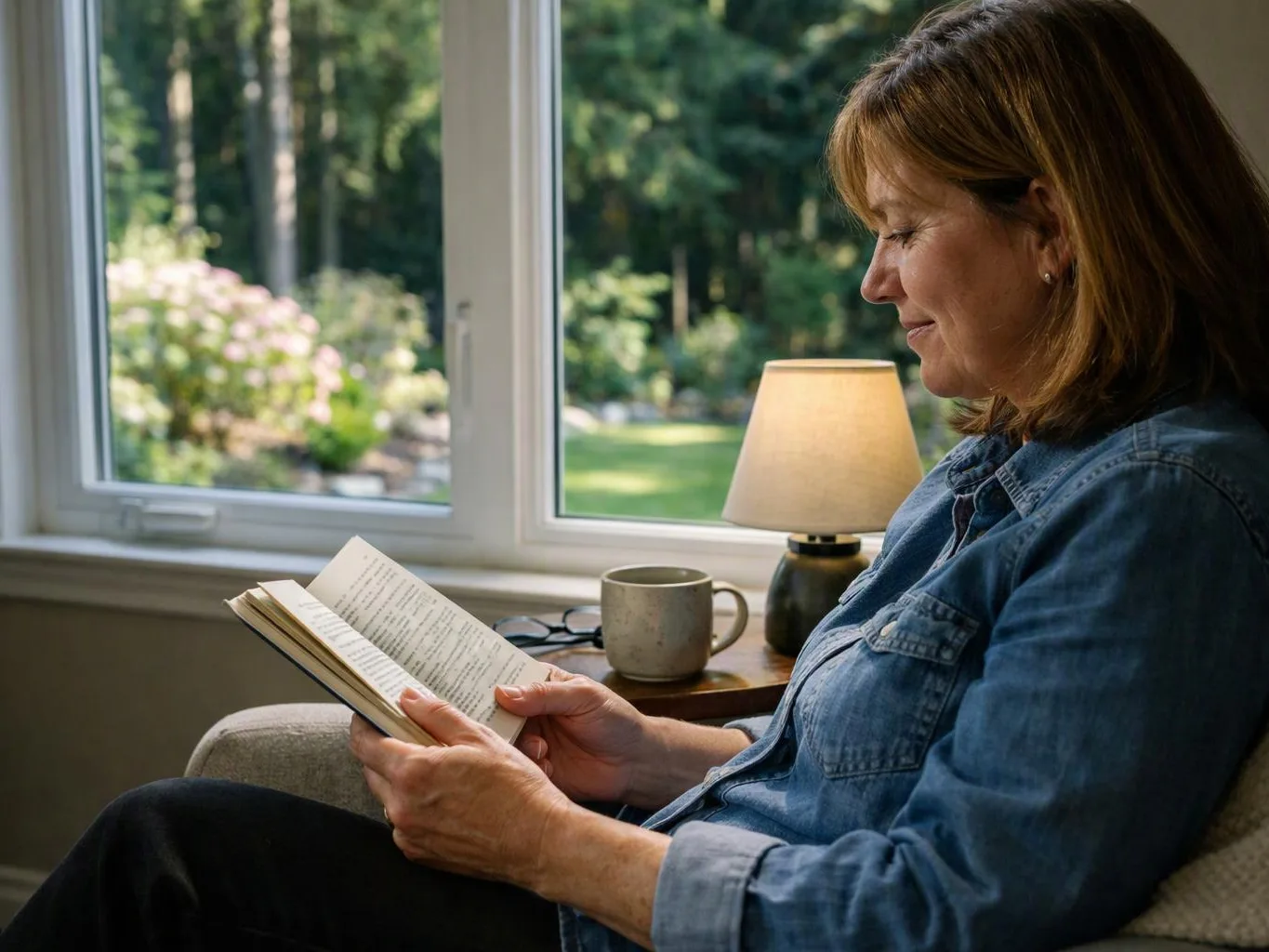 Woman reads a book beside a window with a lamp and mug on a small table