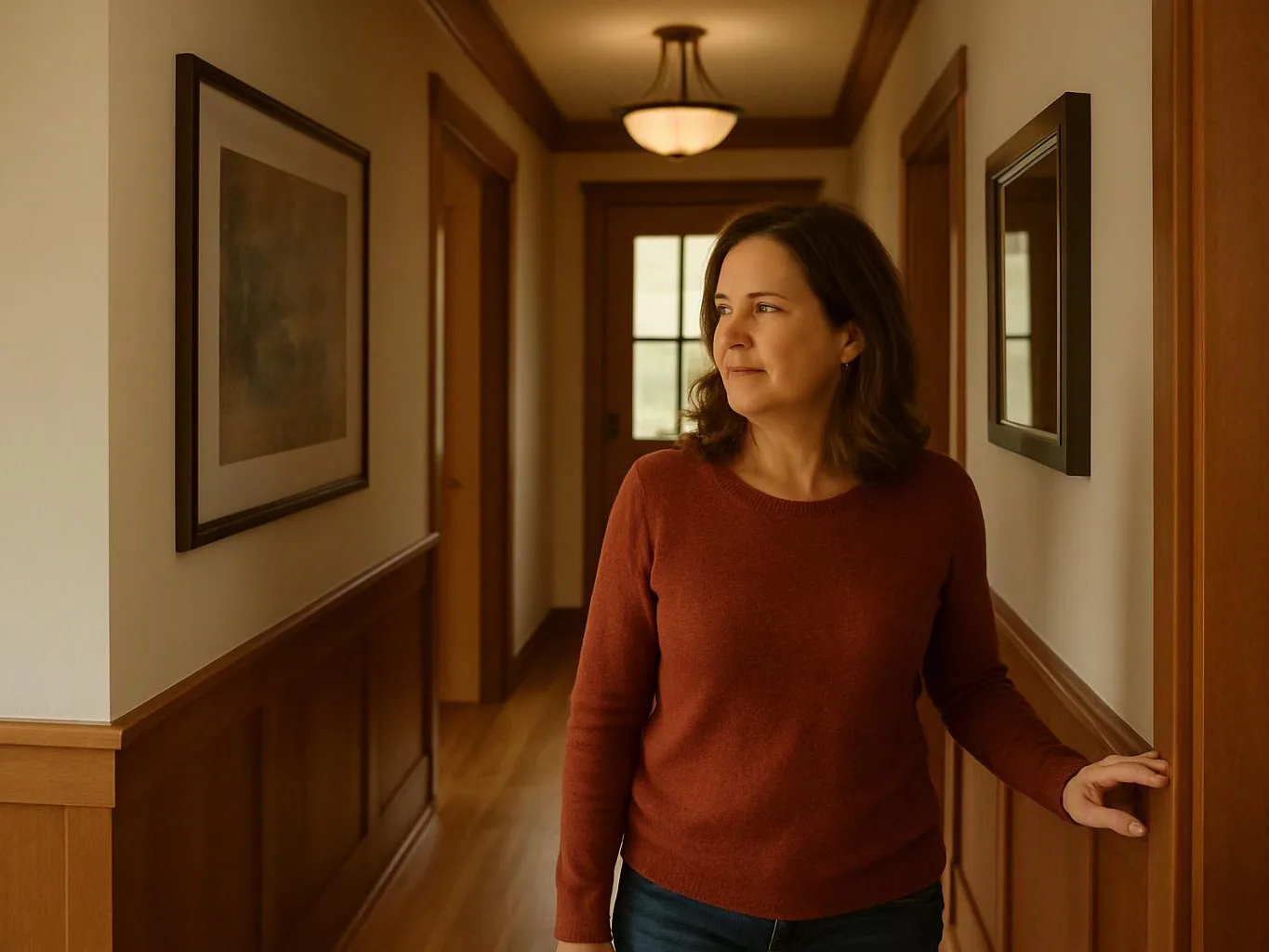 A woman in a red sweater stands in a wood-paneled hallway, touching a doorway and looking to the side