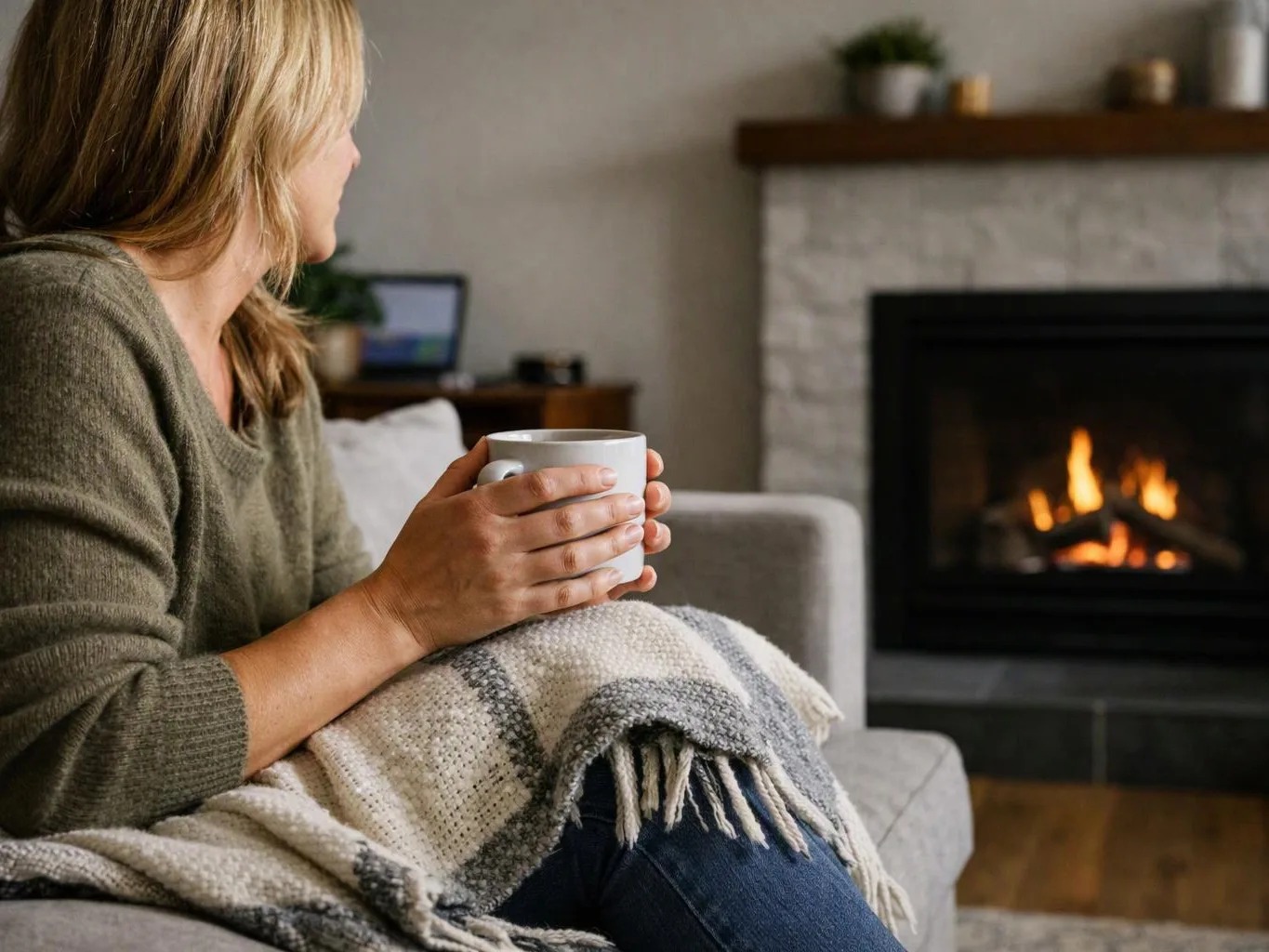 A woman sits on a couch holding a mug and looking toward a lit fireplace in a cozy living room