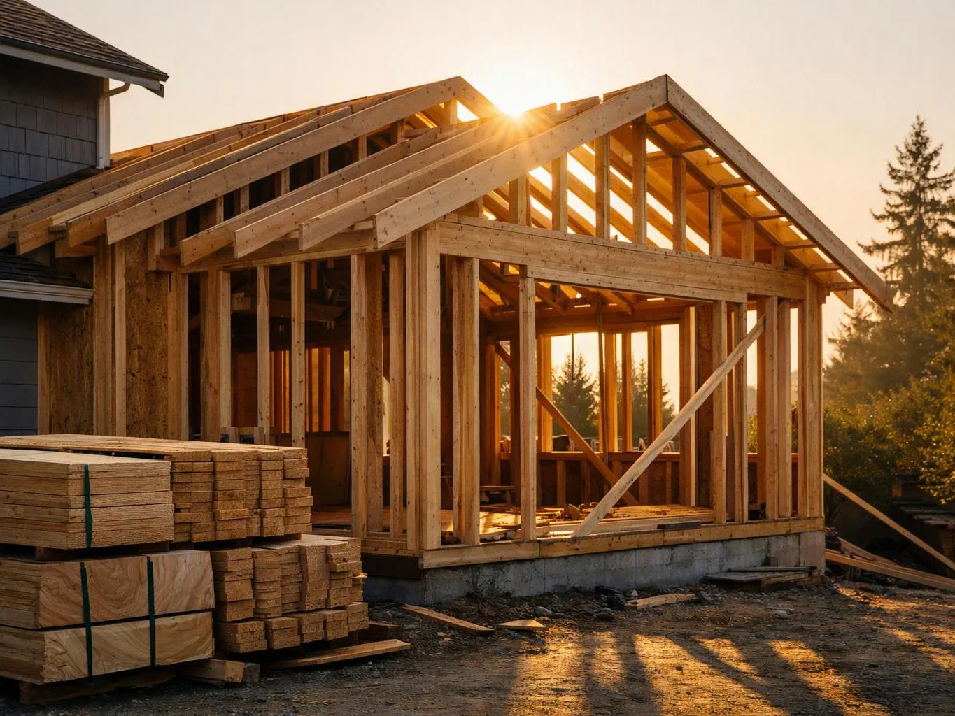 Wood framing rises on a house under construction, with stacked lumber in front and sunlight streaming through the roof beams