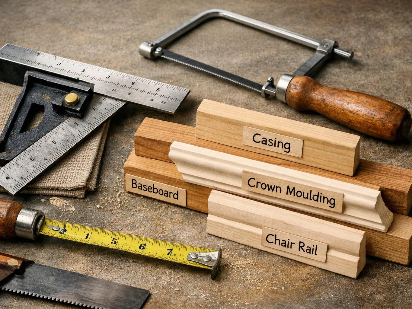Wood molding samples, saws, and measuring tools sit on a dusty workbench with labeled pieces like "Casing" and "Chair Rail"