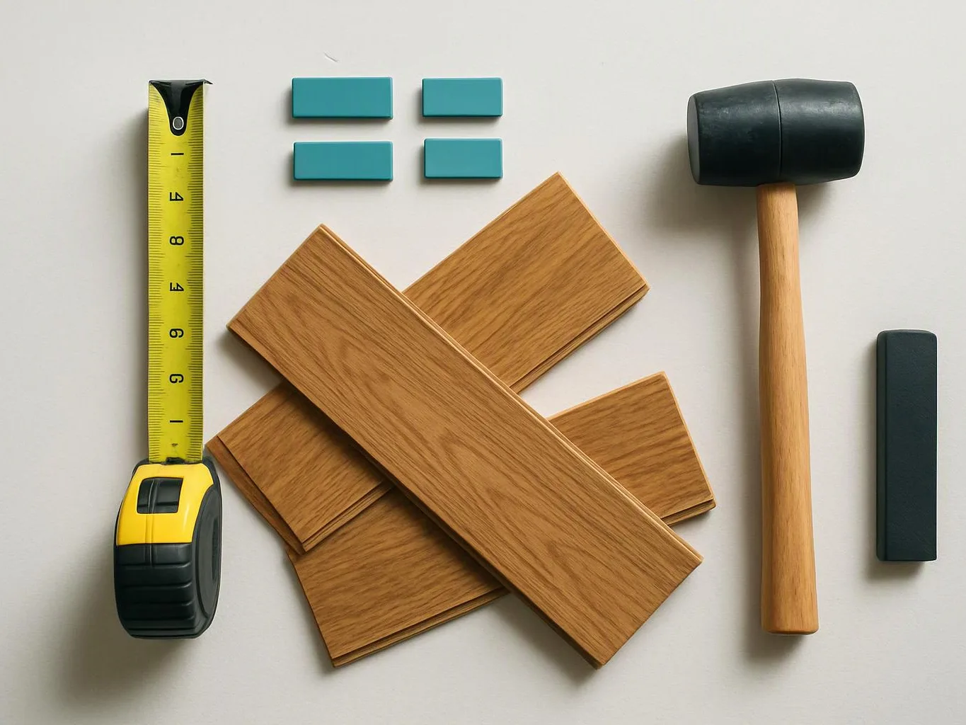 Wood planks, measuring tape, and a rubber mallet lie neatly arranged on a white surface