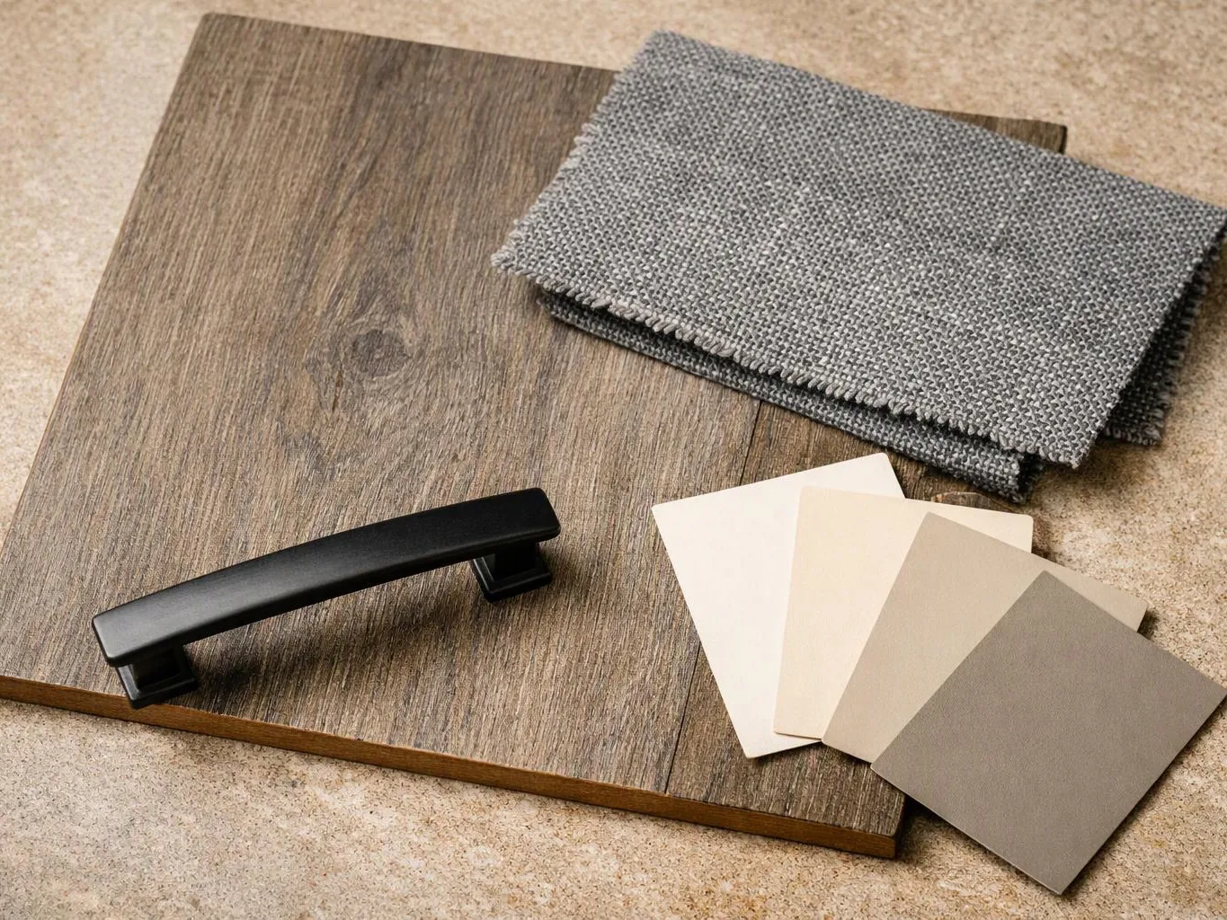 A wood sample board with a black handle sits beside gray fabric swatches and neutral color cards