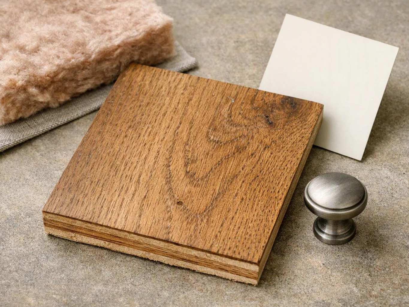 Wood sample board, fabric swatch, blank card, and metal knob arranged on a stone surface