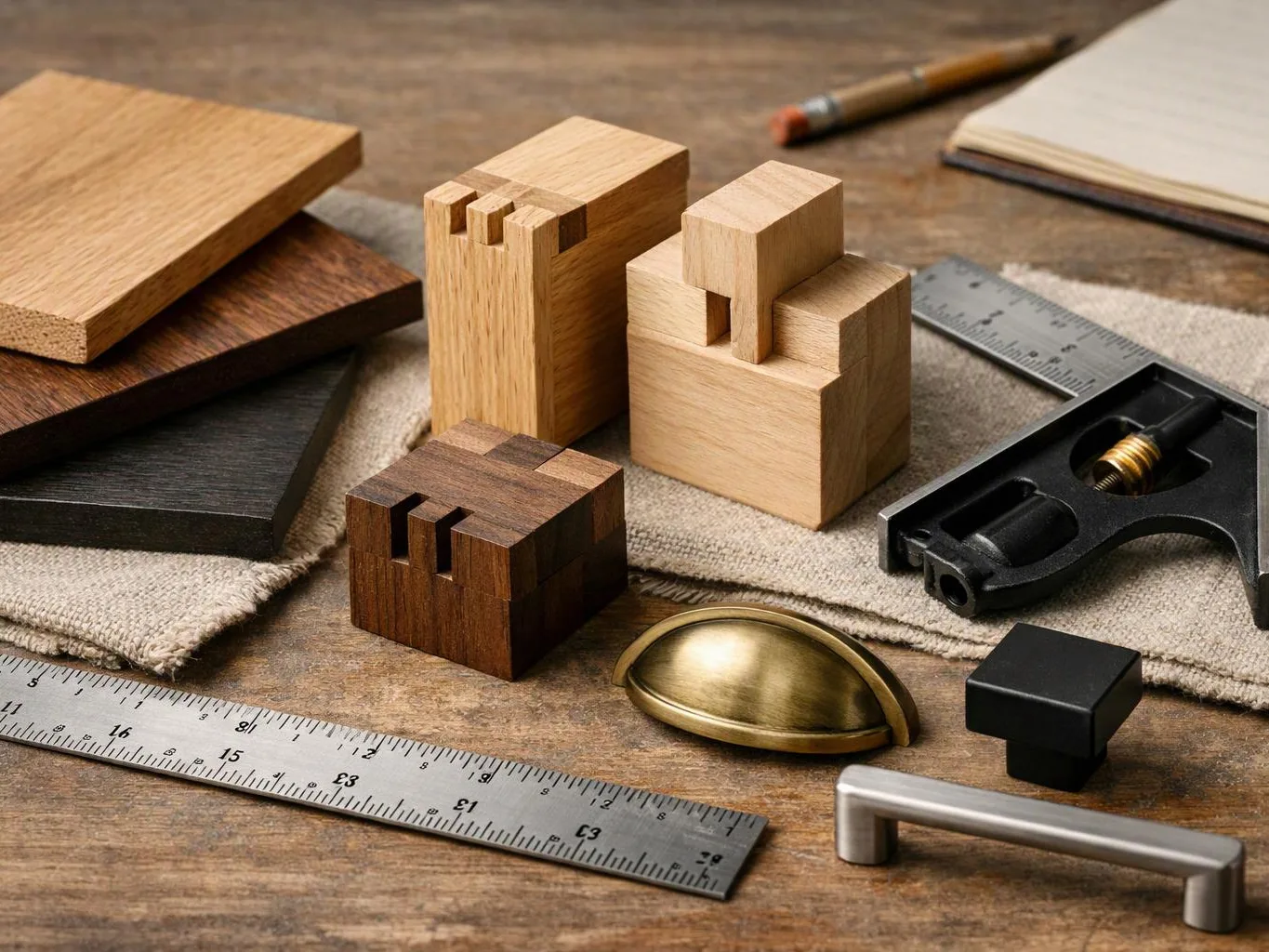 Wood samples, rulers, and metal handles are arranged on a work surface with small block joints