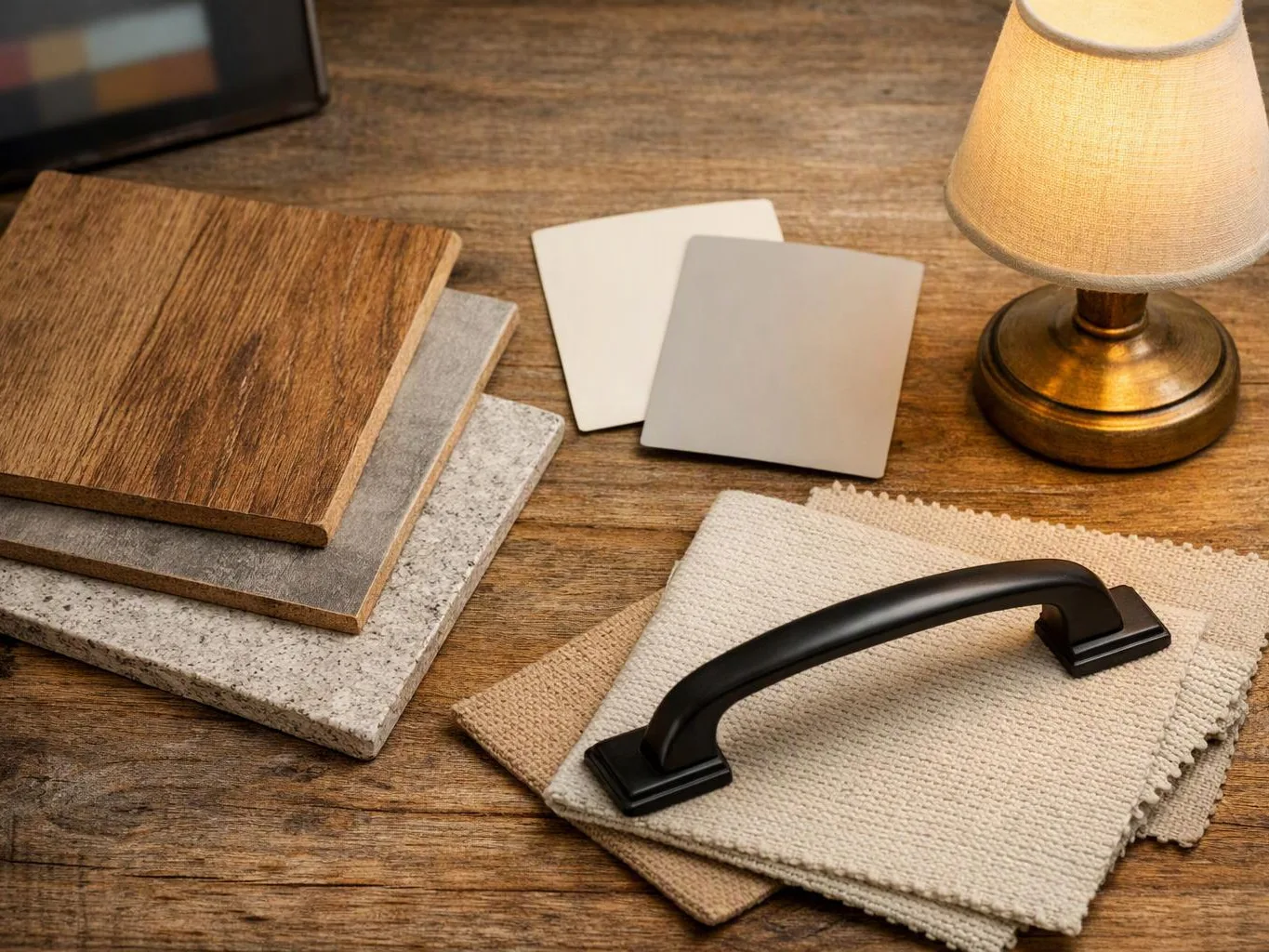Wood, stone, paint samples, fabric swatches, a black handle, and a small lamp sit on a wooden table